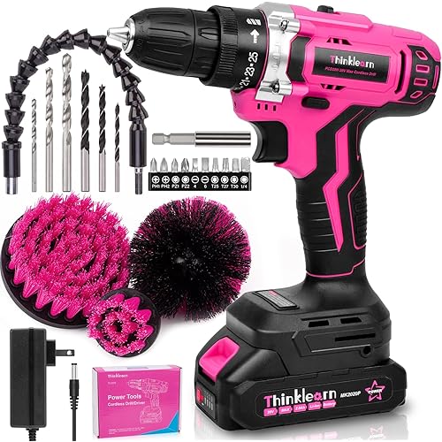 20V Pink Cordless Drill Set - Power Drill/Driver Kit with Drill Brush, Bit Set, 3/8" Keyless Chuck, 2 Variable Speed, 25+1 Torque Setting, Battery and Charger Included, Electric Drill for Home