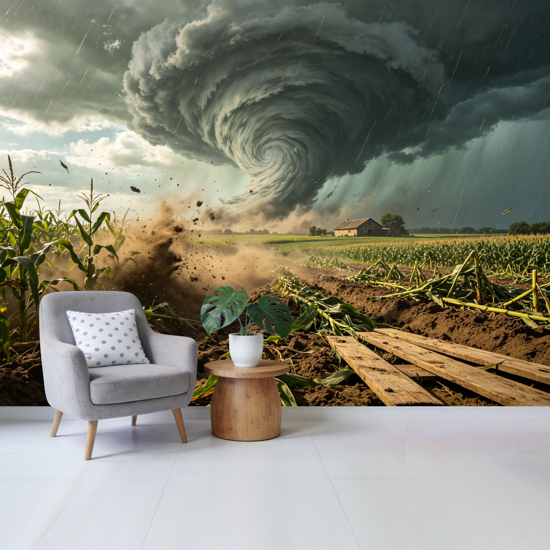 Custom Size Wall Mural Dramatic Tornado Storm Over Cornfield Landscape 3D Realistic Weather Scene Removable Self Adhesive Fabric Home Wall Decor for Living Room Bedroom Bathroom