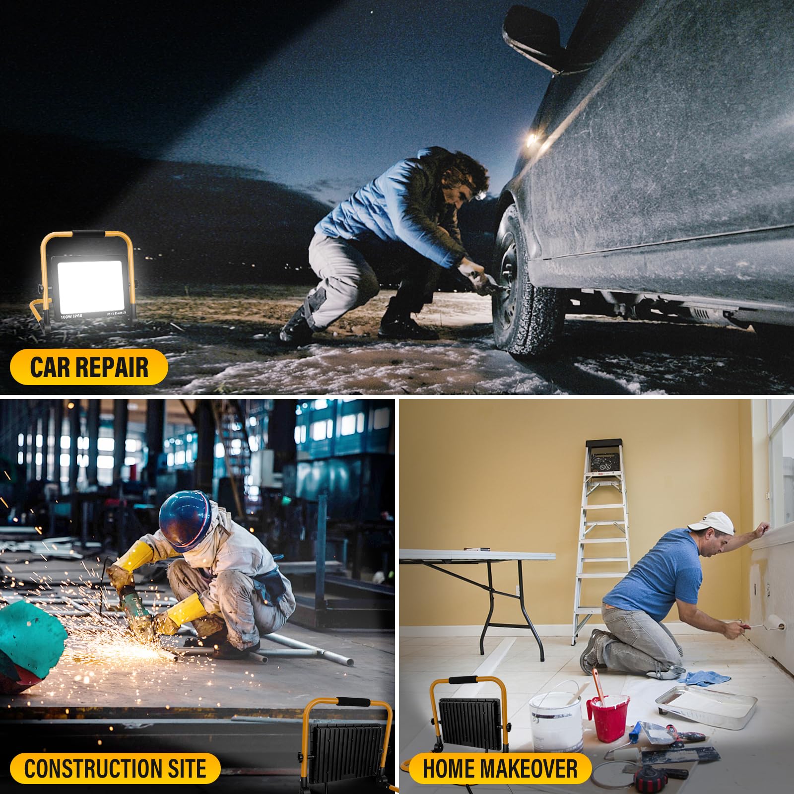 SKYWORLD Foco de Trabajo LED 100W, 10000LM Luz de Trabajo Portátil con Giratorio 360º Soporte plegable, Focos Led Uso en Interiores y Exteriores para Obra Taller Garaje Jardín 6000K Luz Blanca