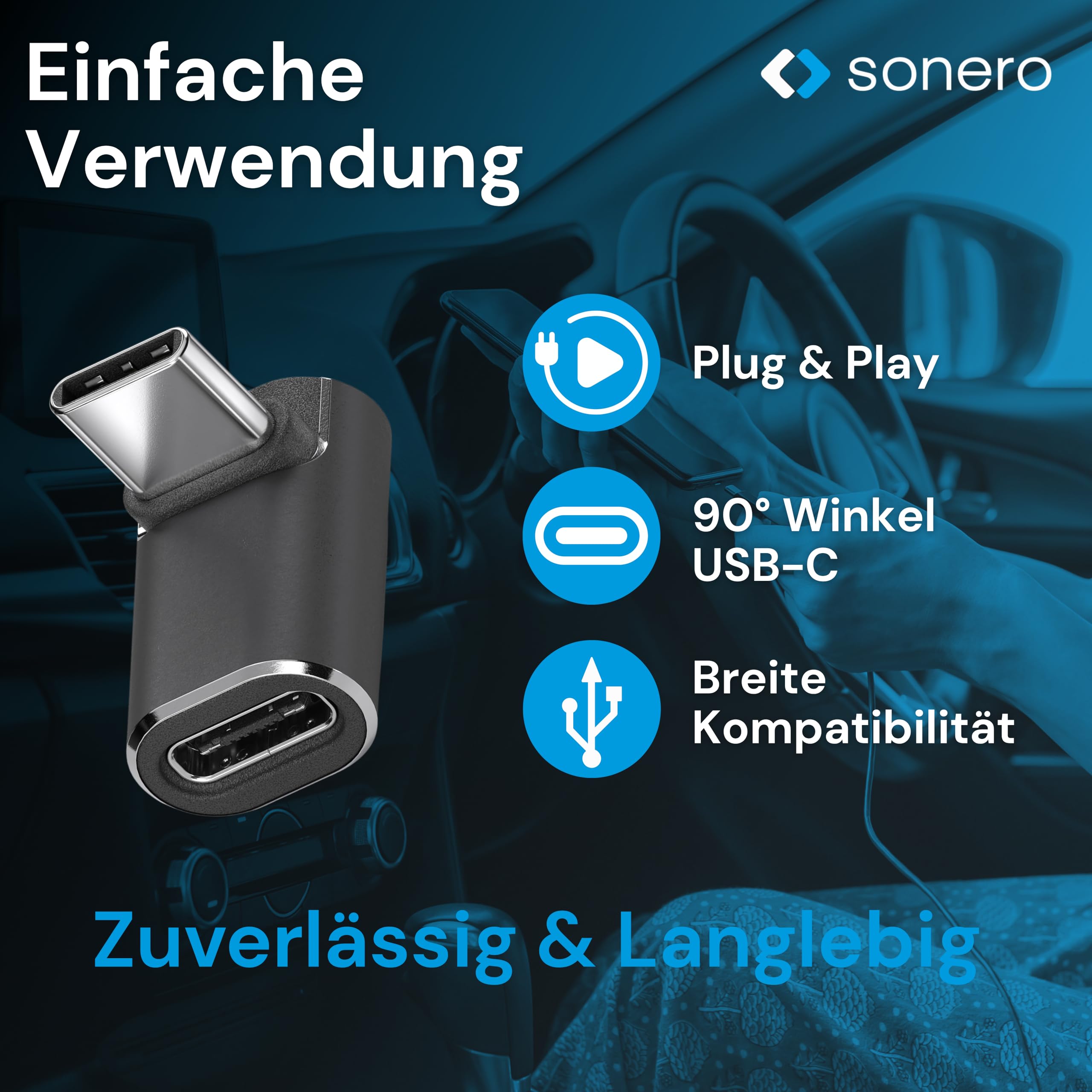 Sonero USB-C maschio a presa USB-C inclinata a 90°, adattatore, 40 Gbps, 240 W, 8K60 Hz, alloggiamento in alluminio, nero