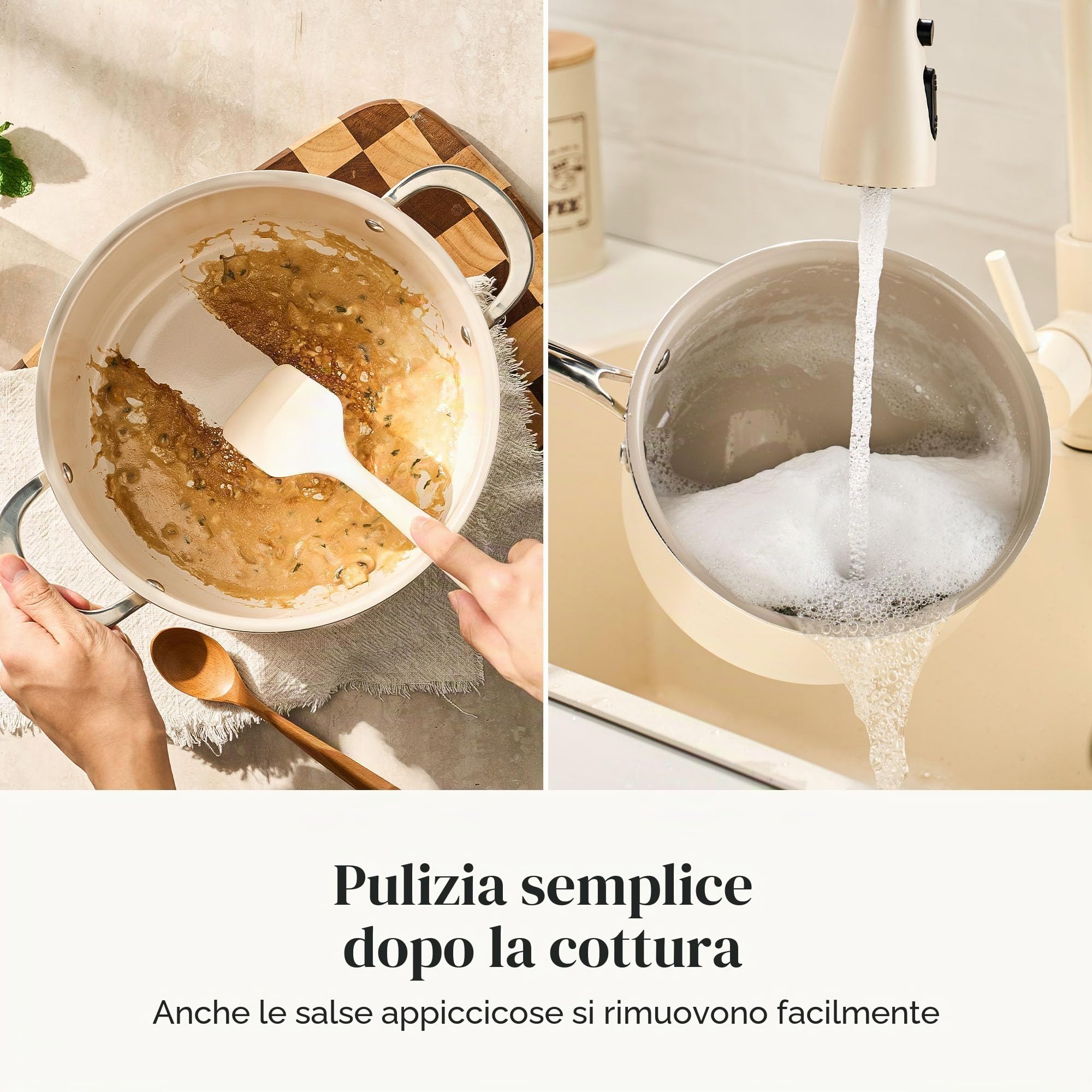 Redchef Set di pentole in ceramica 6 pezzi, compatibile induzione con coperchi in vetro, pentola 24 cm, casseruole 18/20 cm, adatto a tutti i piani cottura e forno, colore Beige