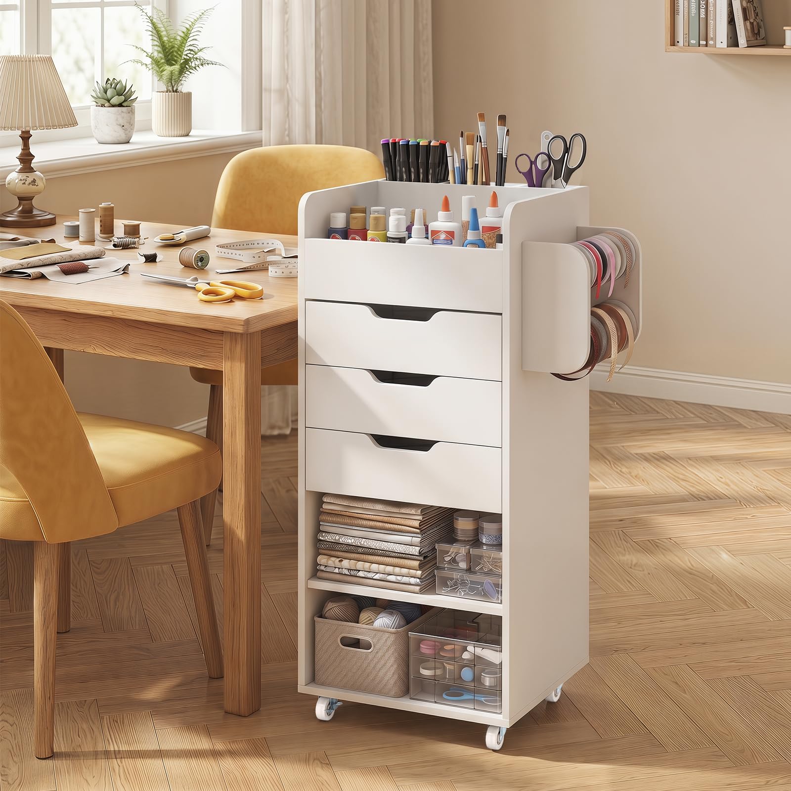 COSTWAY Carrito Utilitario con Ruedas para, 48,5 x 33 x 85 cm (Blanco) | Carrito Auxiliar para Manualidades con Estantes Abiertos, 3 Cajones y 3 Compartimentos, Carro Multiusos para Manualidades