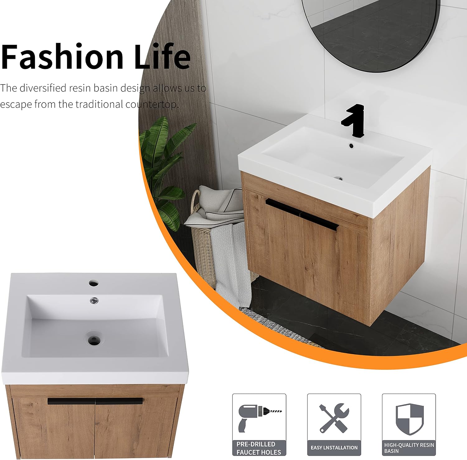 24" Floating Bathroom Vanity and Sink with Soft Close Door, Single Sink Modern Bathroom Vanities Set, Wall-Mounted Bathroom Vanity (IMO, 24 * 18)