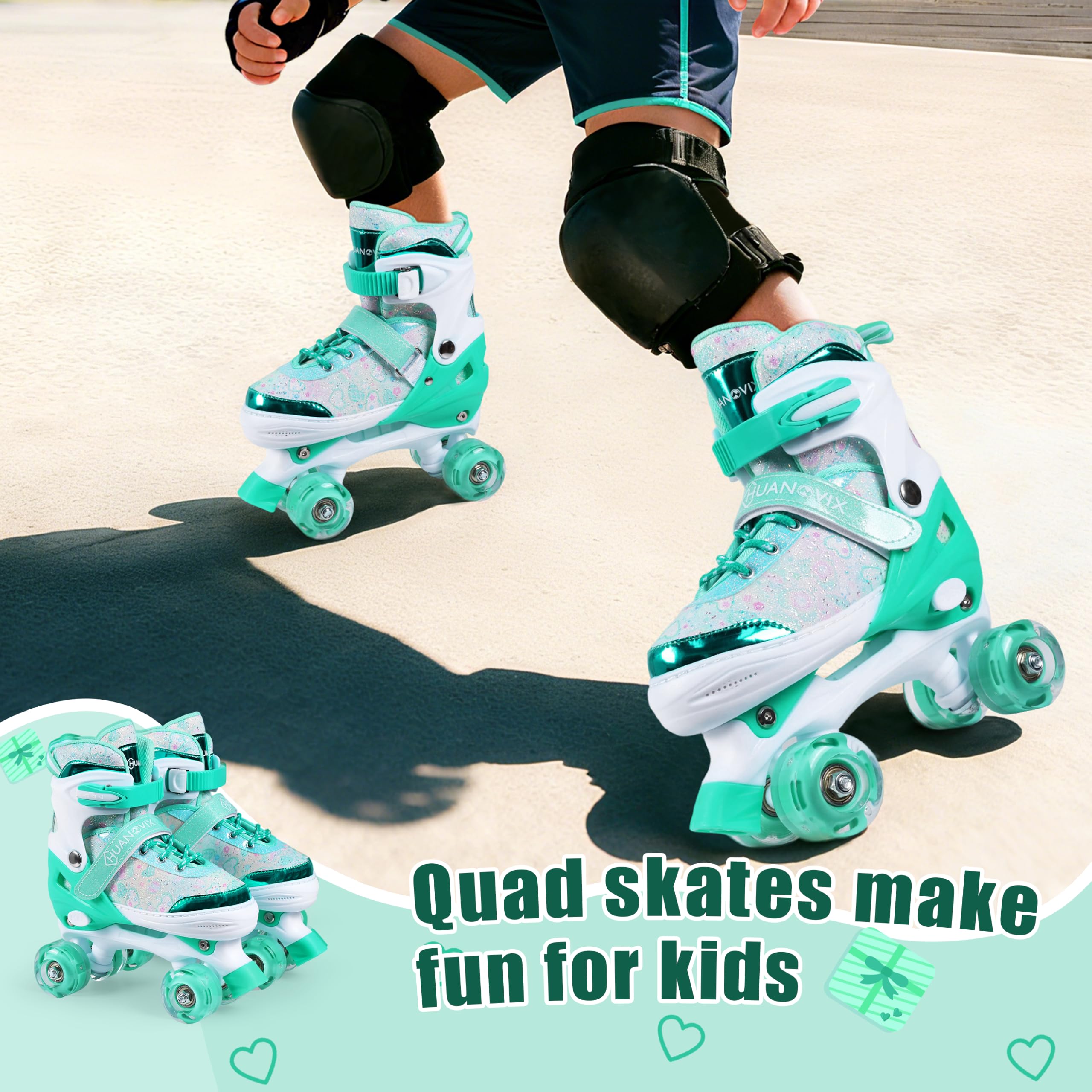 4 Sizes Adjustable Kids Roller Skates for Girls Boys Indoor Outdoor Sports, Love-Green, Medium-Big Kids,Teens - Image 6