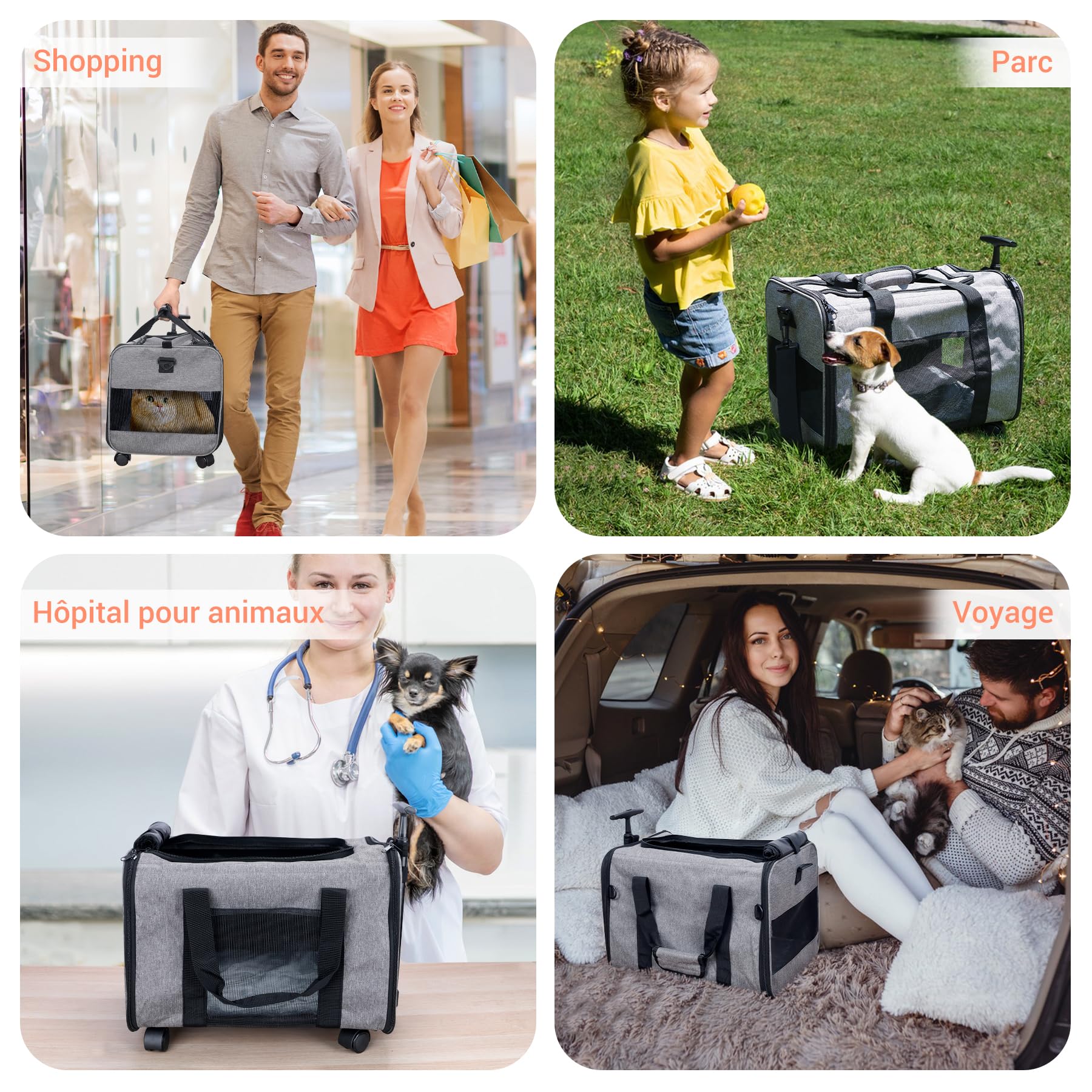 Sac Transport avec roulettes Amovibles pour Les Petits Chiens et Chats, Caisse de Transport Avion Cabine, Chariot pour Chien Charge jusqu'à 9kg (Gris)