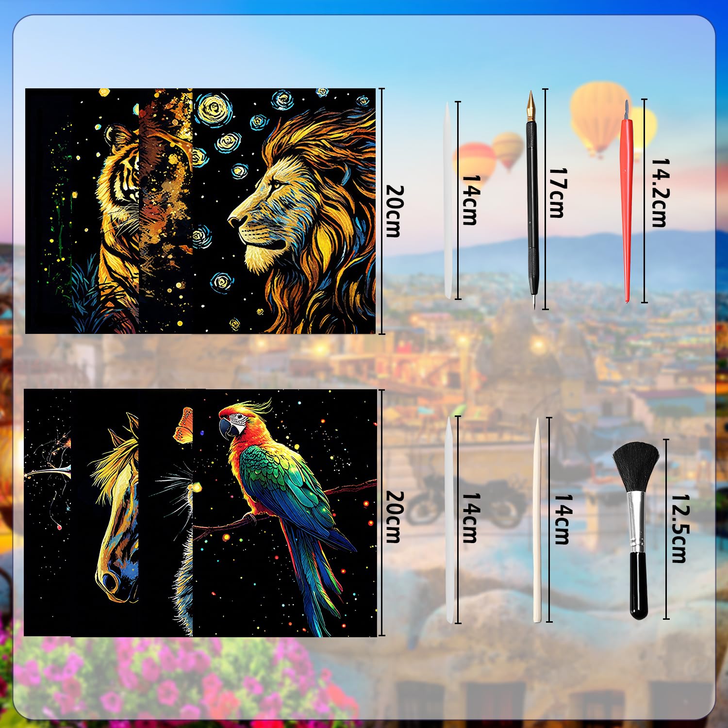 Kit Art à Gratter Arc-en-Ciel Lumineux 8 Pièces avec Outils de Grattage pour Adultes et Enfants (Animaux)