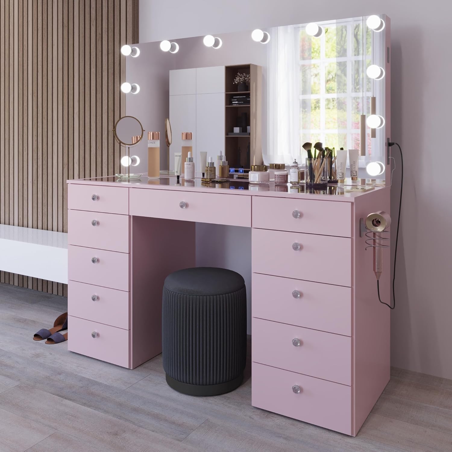 Boahaus Orla Extra-Large Makeup Vanity Desk with Hollywood Lights, 11 Drawers, Hair Dryer Hanger, USB Type-C & Type-A, Power Outlet for Beauty Tools, Glass Top, Crystal Knobs Premium Pink Finish
