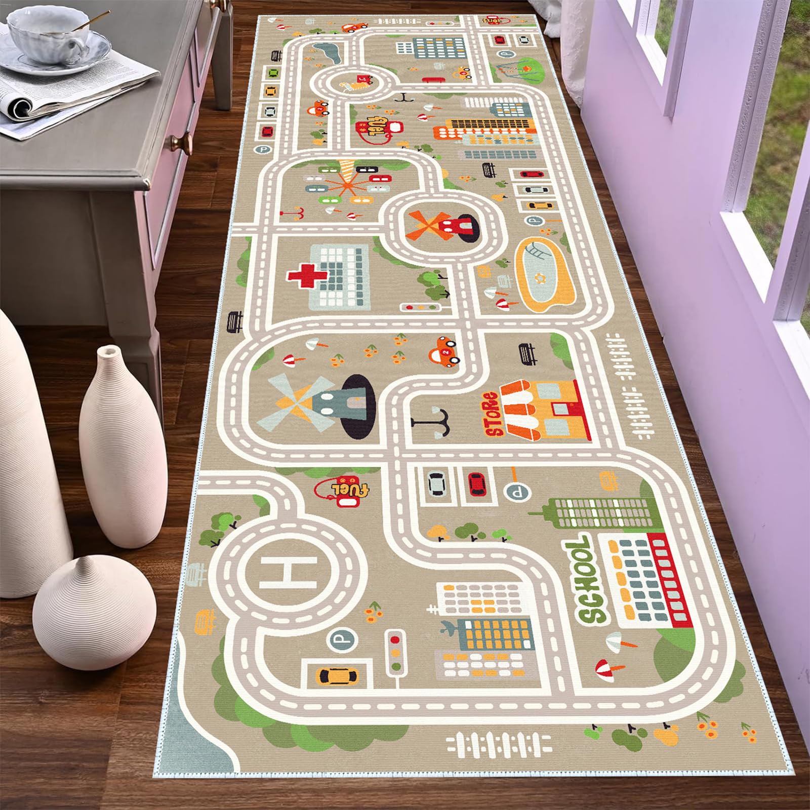 Kids Car Train Rug, 2' x 10' Boys Play Carpet, Floor Mat Playmat for Playroom Bedroom Kids Toddler Room，Non Slip Rug Backing (Grey, 2' x 10')