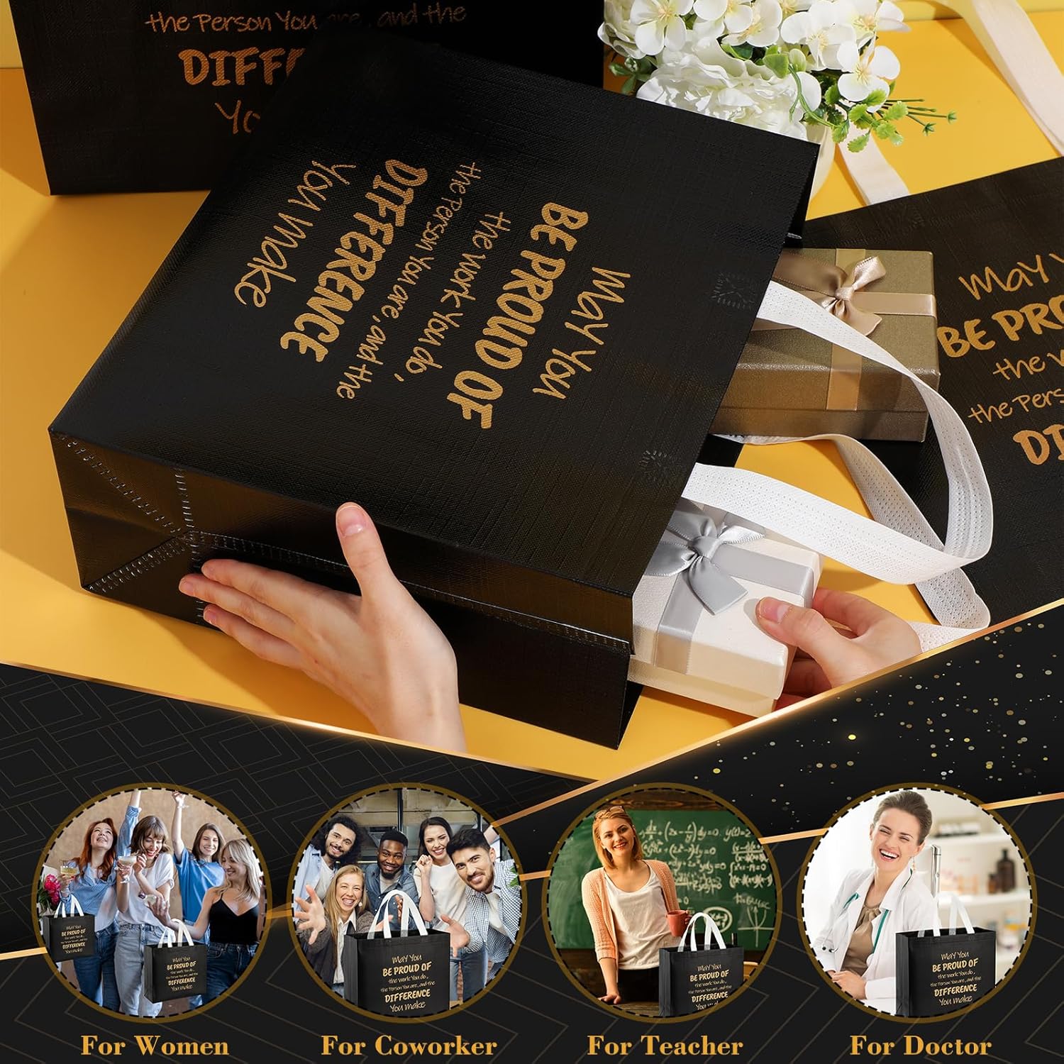 Paterr 12 Pcs Employee Appreciation Bag Gifts with Handle Thank You Reusable 12.2 x 4.7 x 11 Inch Bag May You Be Proud Gift for Coworker Staff Team Teacher Nurse(Black) - Image 2