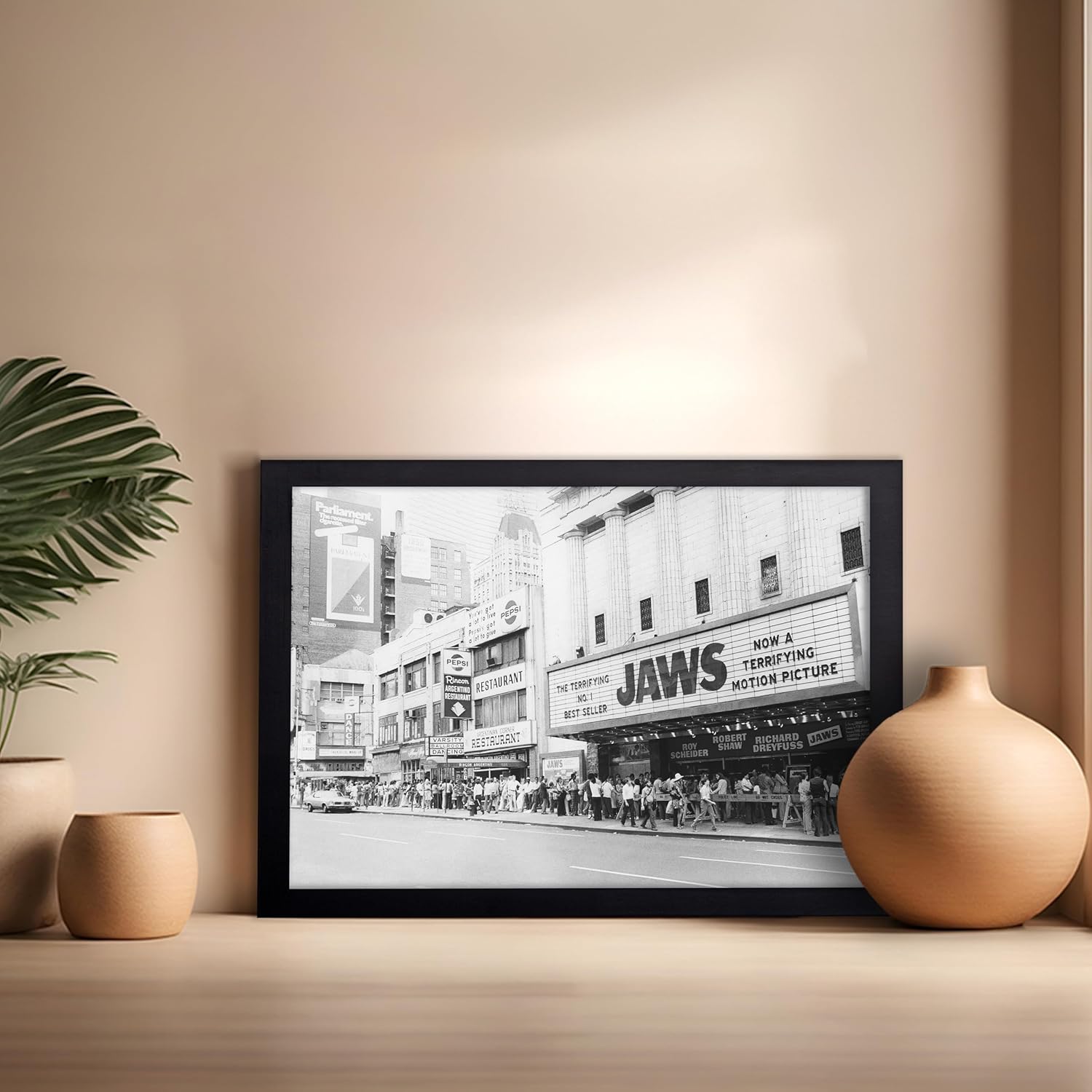 Monem Art Vintage Jaws Opening Day Poster - Retro New York Print - Photography Art - Gift for Travel Lover, Movie Fans - Great Decor for Home, Office, Living Room, 16x20 Black Framed