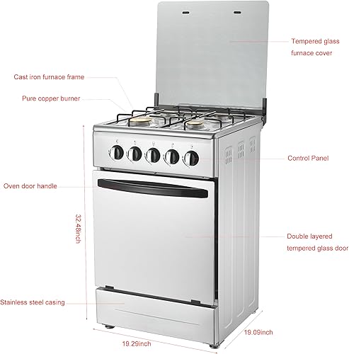 Miniatura 3 de Cocina de gas independiente de 20 pulgadas, estufa de gas de 4 quemadores con horno de 65 L, cuerpo de acero inoxidable 201, puerta de vidrio