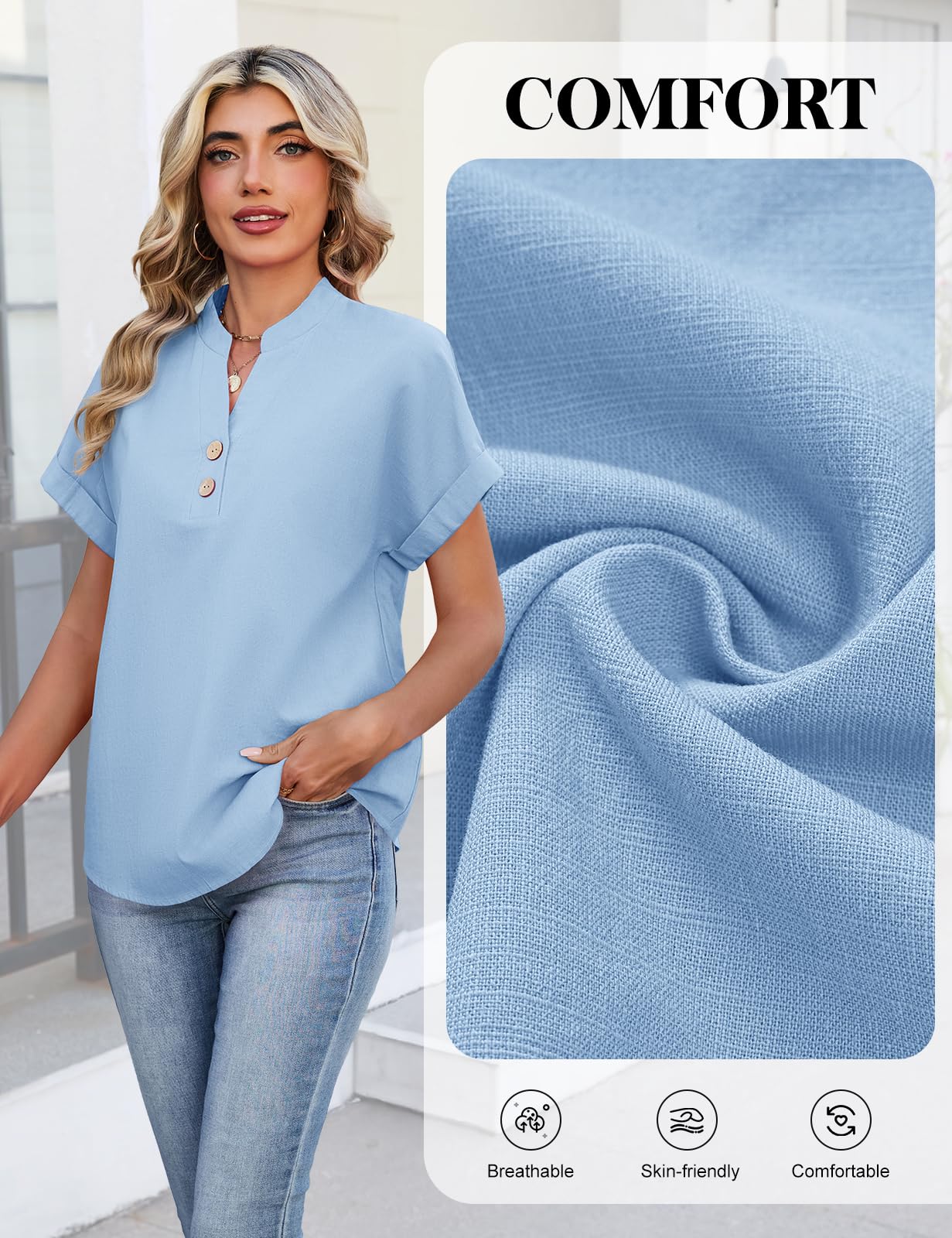 Bluzka damska muślinowa bluzka na lato, dekolt w serek, zapinana na guziki, elegancka, bawełna, len, koszula z krótkim rękawem, luźna bluzka koszulowa, basic, revers, tunika
