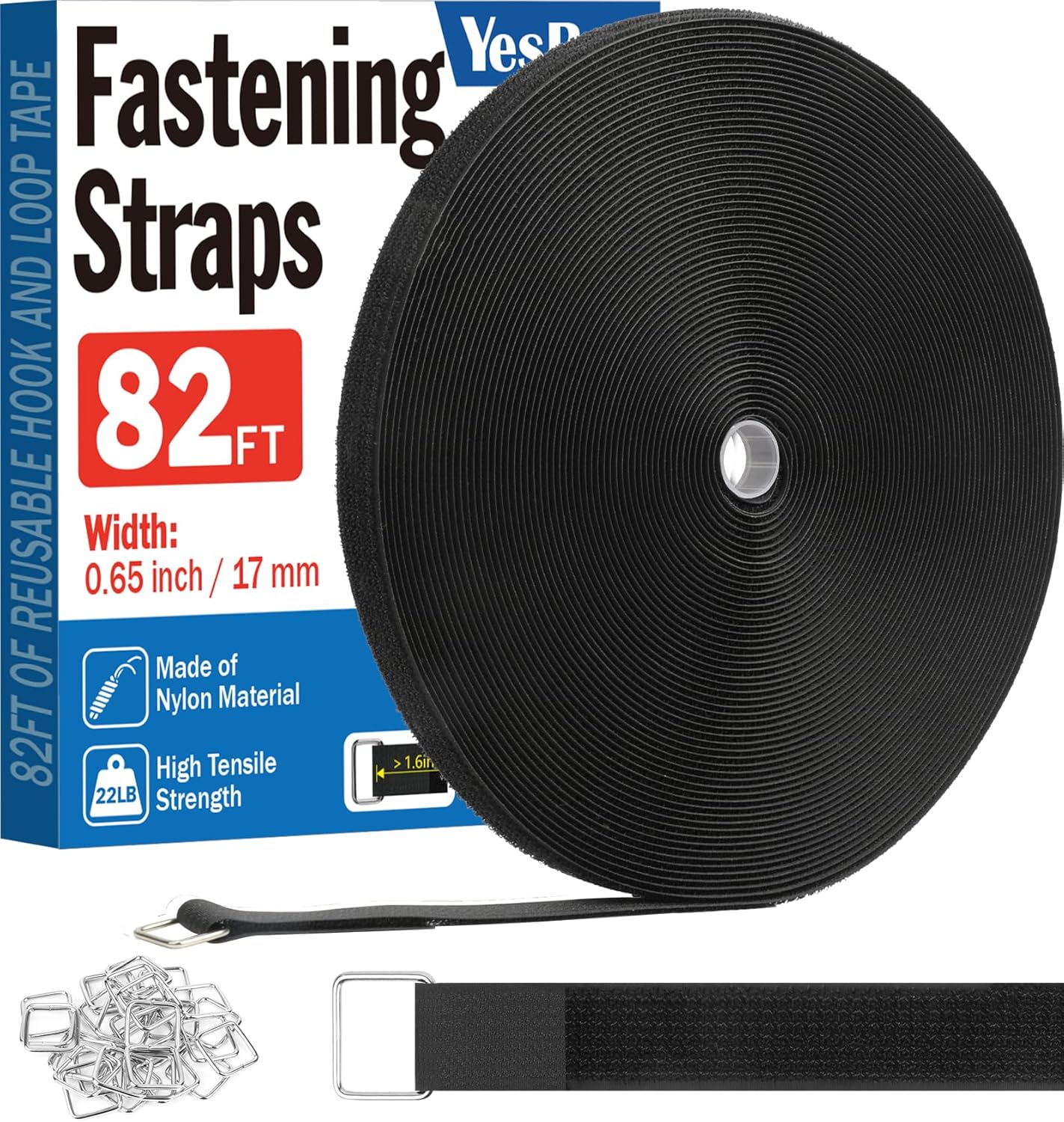 1" x120ft Hook and Loop Straps with 60 Metal Buckles, Adjustable Fastening Cinch Straps, Cut to Length Cable Straps, Reusable Nylon Straps 1 Inch Wide for Organizer or Storage, Black