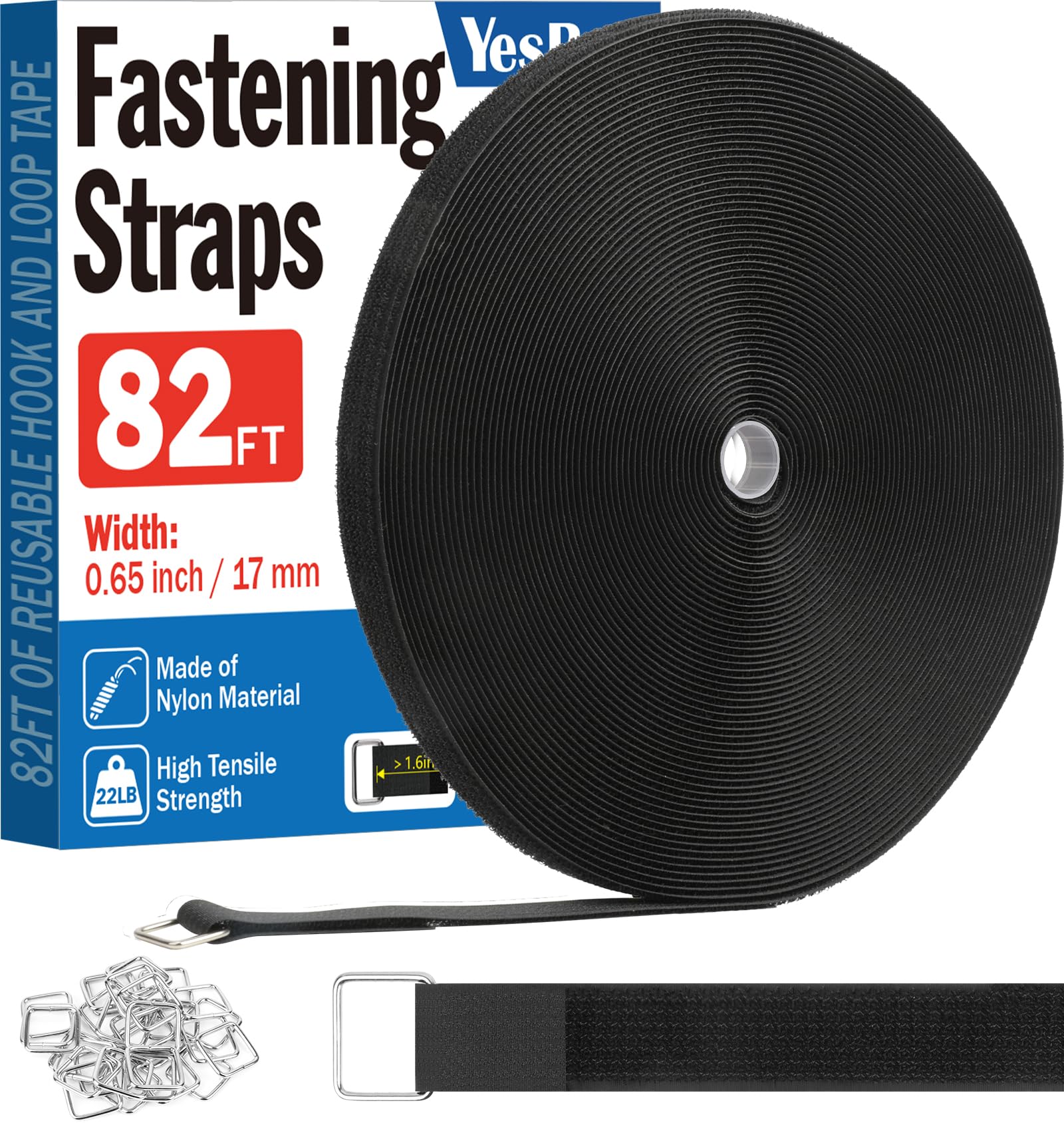 0.65" x82ft Hook and Loop Straps with 40 Metal Buckles, Adjustable Fastening Cinch Straps, Cut to Length Cable Straps, Reusable Nylon Straps 0.65 Inch