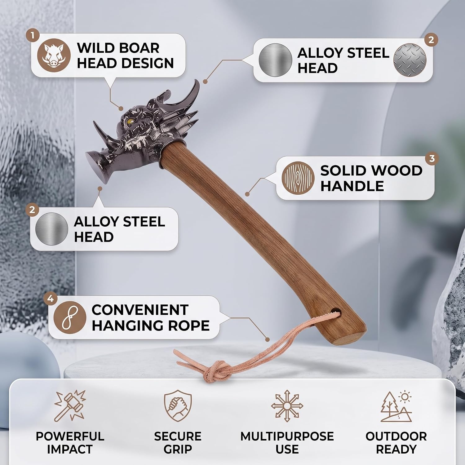 Wild Boar Hammer, Durable Balanced Nail Striking Tool for Camping Home DIY Alloy Steel Head Wooden Handle 16.5 Inch Anti Rust Ergonomic Grip 1 Piece