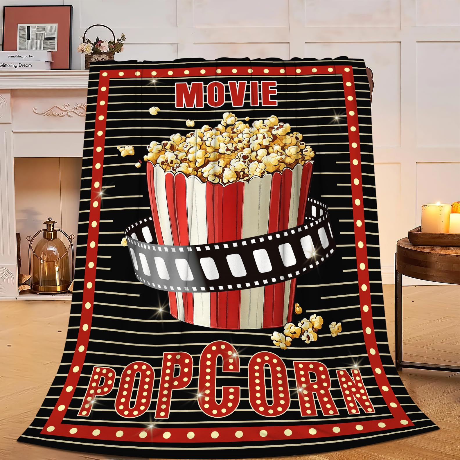 Uiamt Girls Movie Popcorn Blanket Film Reel Flannel Plush Throw Blanket Cozy Movie Night Decor Fleece Stuff Blanket Gifts For Cinema Lovers Boys Kids Adults Women Bed Travel 40"X50"