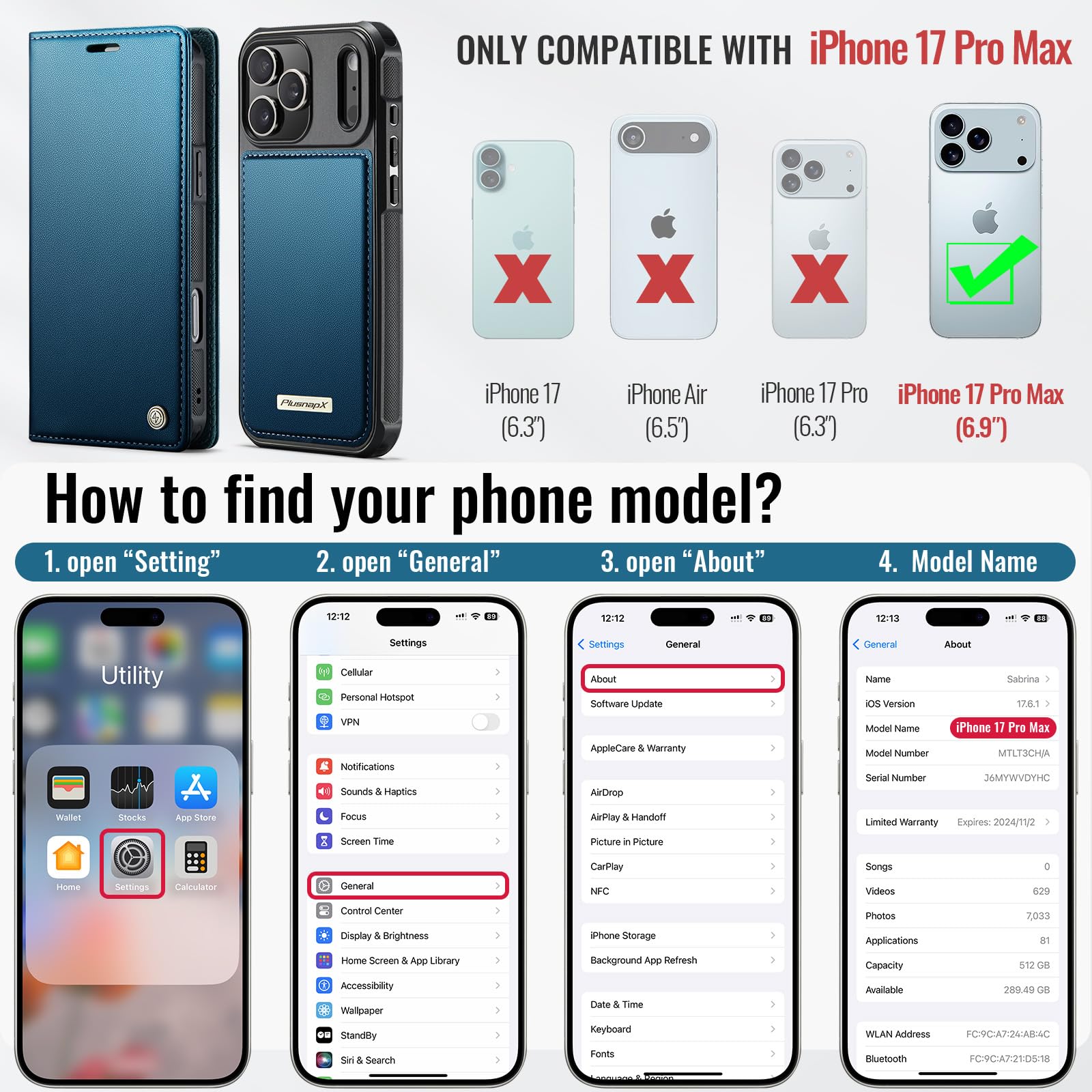 Custodia a portafoglio staccabile per iPhone 17 Pro Max 2 in 1 | Compatibile con Magsafe, magnetico, porta carte di credito con blocco RFID, antiurto, cavalletto, ricarica wireless