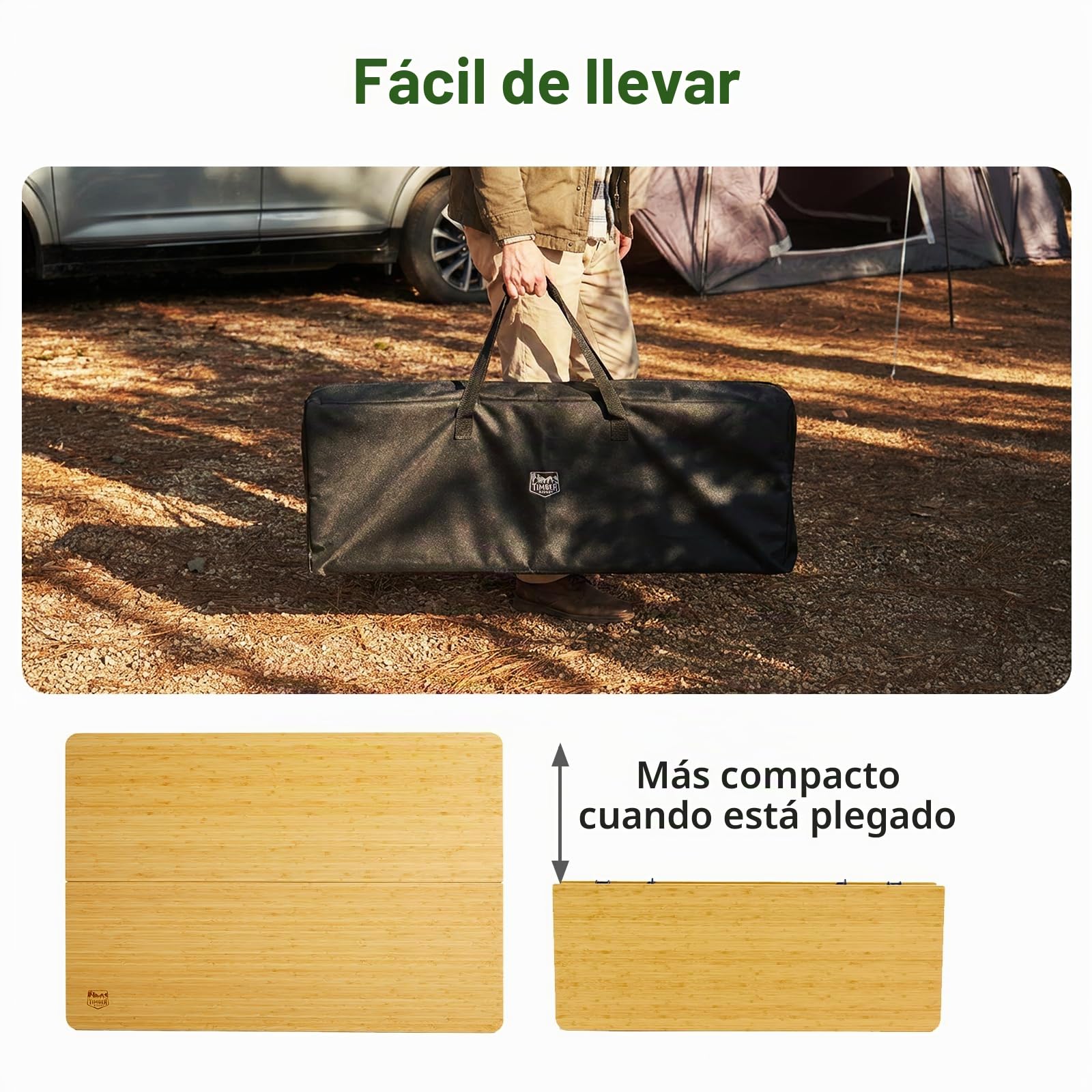 TIMBER RIDGE Mesa de camping plegable de bambú, altura regulable