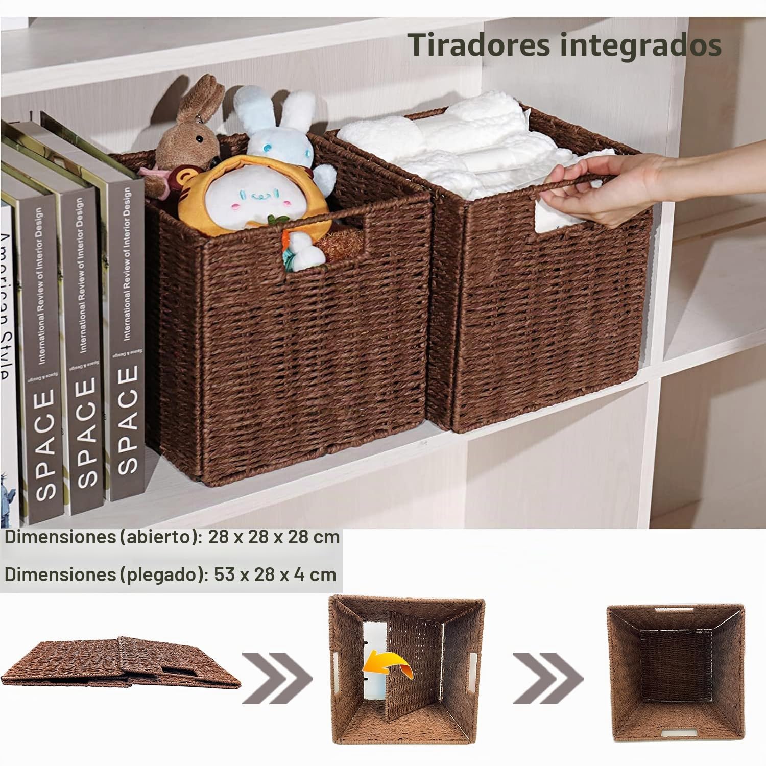 2 Cestas de Almacenaje, Cesta Mimbre Tejidas a Mano Cubo 28CM, Cesta Grande Plegable de Papel de Jacinto de Agua con Asas, Cesto Decorativo para Baño Estanterías Kallax Cocina