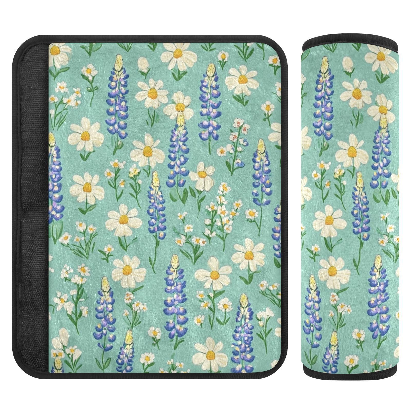 Cute Green Bluebonnet and Daisies Seat Belt Cover Pad 2 Pcs Soft Cute Seatbelt Covers Protector Support Head Neck Shoulder Strap for Car Seats High Chair Backpack for Adults Kids Women Men 10x7