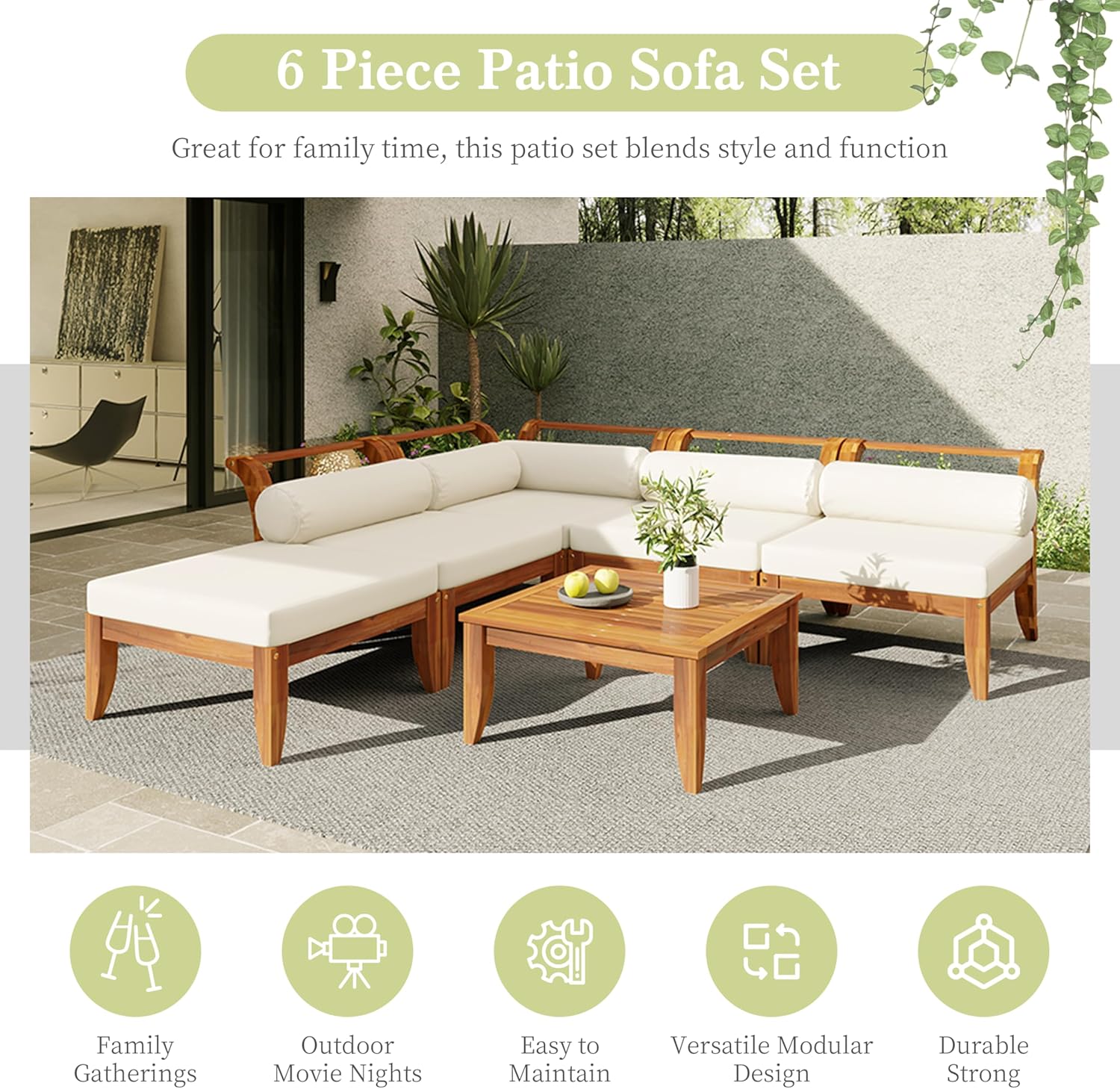 6 Piece Patio Sofa Set, Acacia Wood Outdoor Modular Sectional Garden Furniture Set, L-Shaped Conversation Set, Convertible Daybed with Tea Table, Ottoman, 5 Cushions and Pillows, Teak+Beige