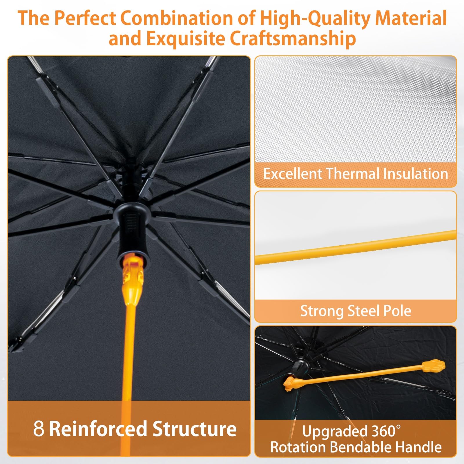 Parapluie Pare Soleil Pare Brise Avant de Voiture 132*73 cm Rotation à 360° Amélioré Parapluie de Voiture Pliable Pare-Soleil Couverture Protection UV Isolation Thermique Pliable Automobile L