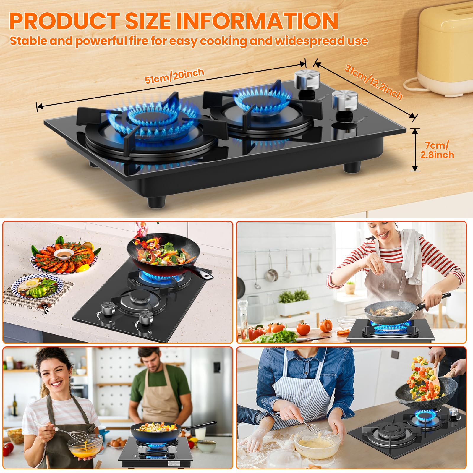 Gas Hob 2 burners, Built in Black Glass Gas Hob with Flame Out Protection,with Cast Iron Supports,NG/LPG Convertible — view 7