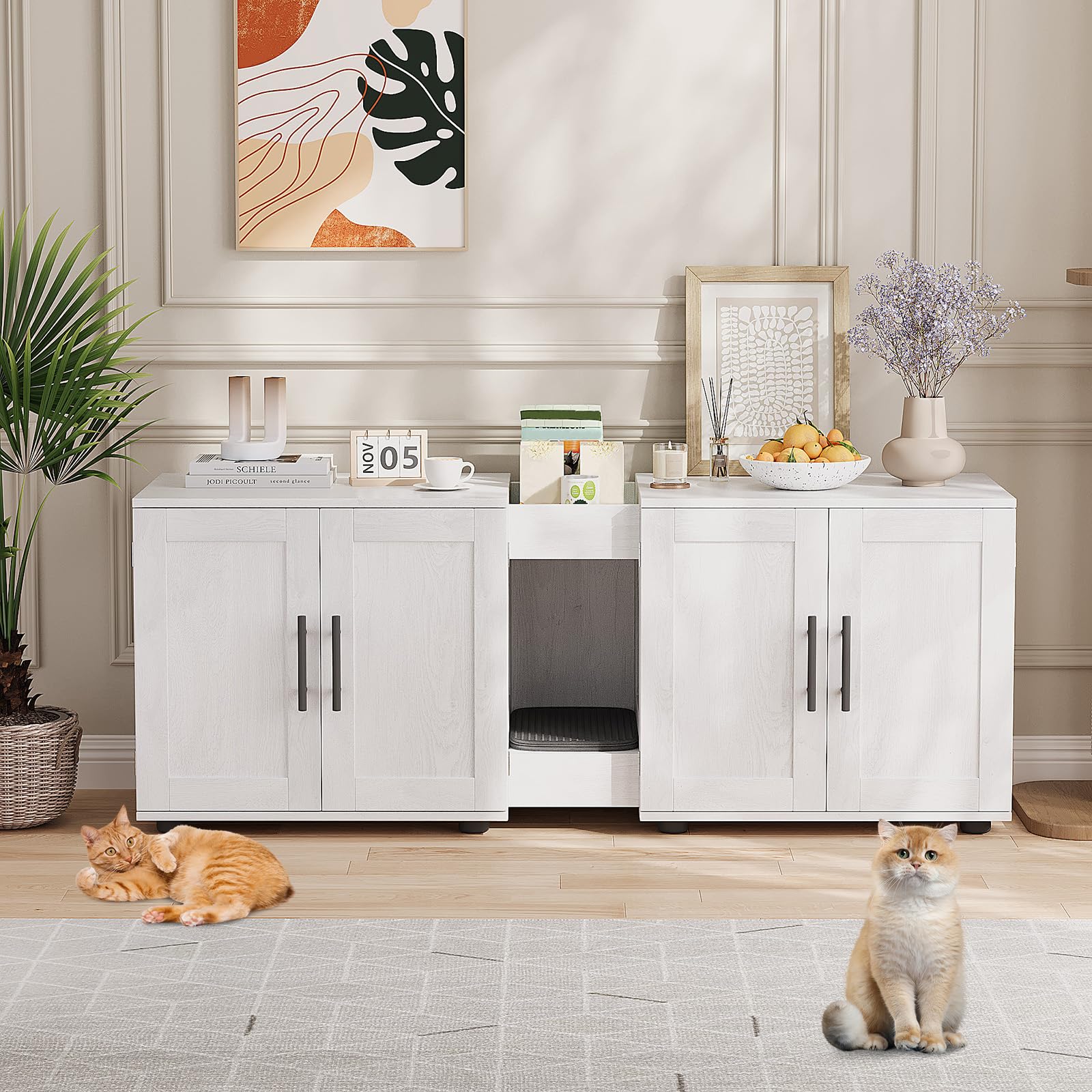 Lidzopas Cat Litter Box Enclosure, Hidden Litter Box Furniture with Double Room, Wooden Cat House Side End Table, Indoor Cats House for Living Room, 55"Lx17.7"Wx20.6"h
