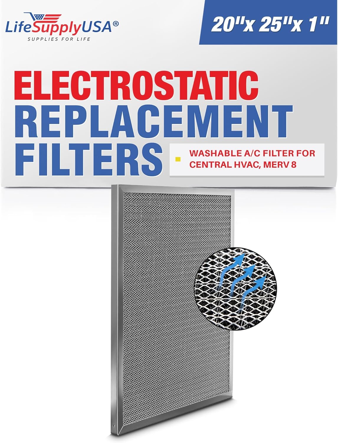 20x25x1 Electrostatic Filter, MERV 8, Reusable