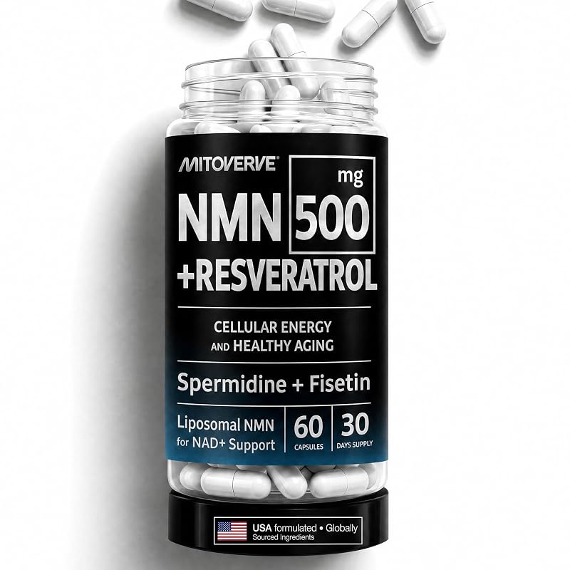 MITOVERVE Suplemento lipossomal de NMN com trans-resveratrol, fisetina e espermidina — NMN 500 mg, trans-resveratrol 500 mg, fisetina 100 mg e espermidina 10 mg, 60 cápsulas