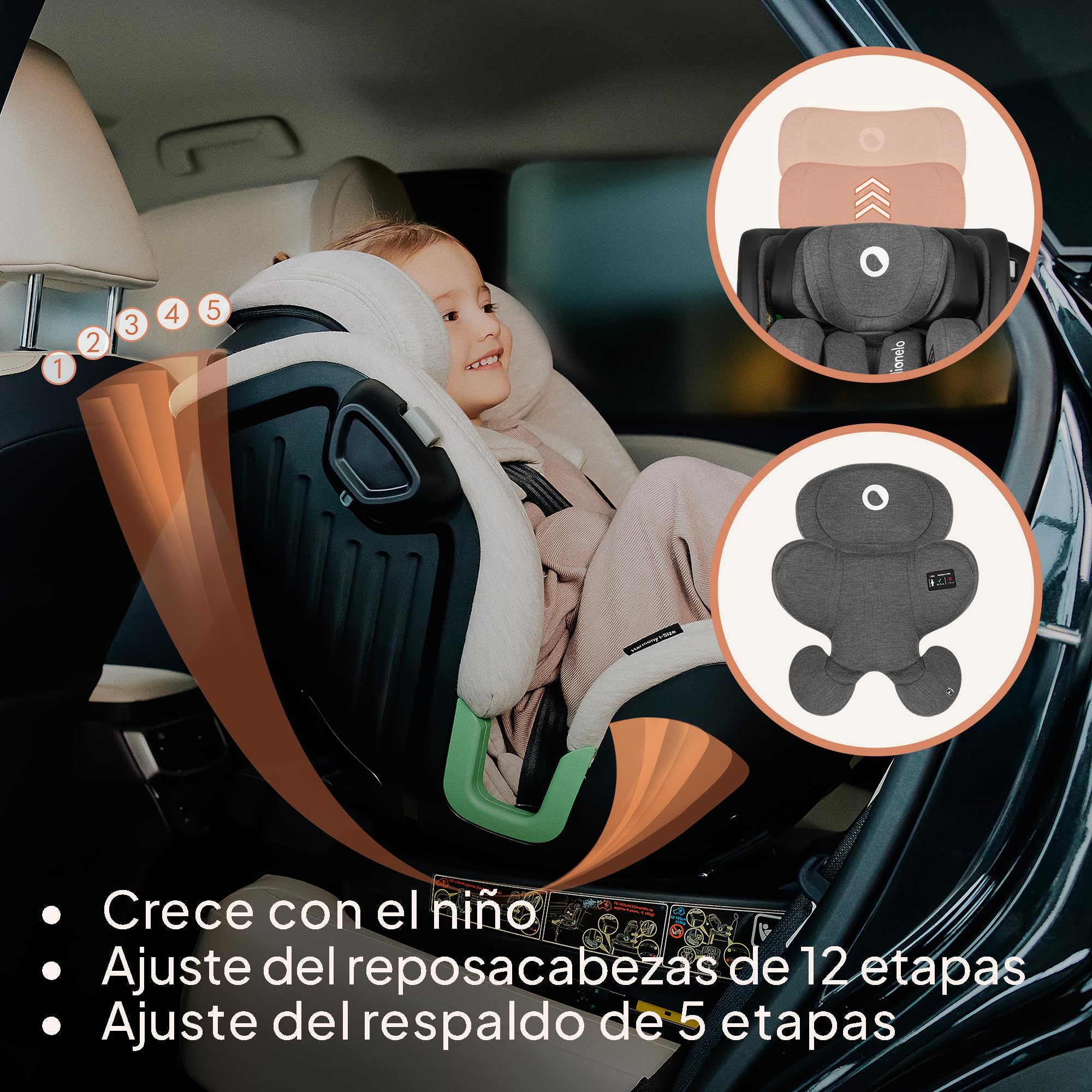 LIONELO HARMONY I-SIZE Silla Coche Bebé Giratoria 360o para Niños 40-150 CM, Fijación ISOFIX+Pata de Estabilización, Reposacabezas y Respaldo Ajustables, Reductor Dri-Seat (GRAPHITE LEATHER)