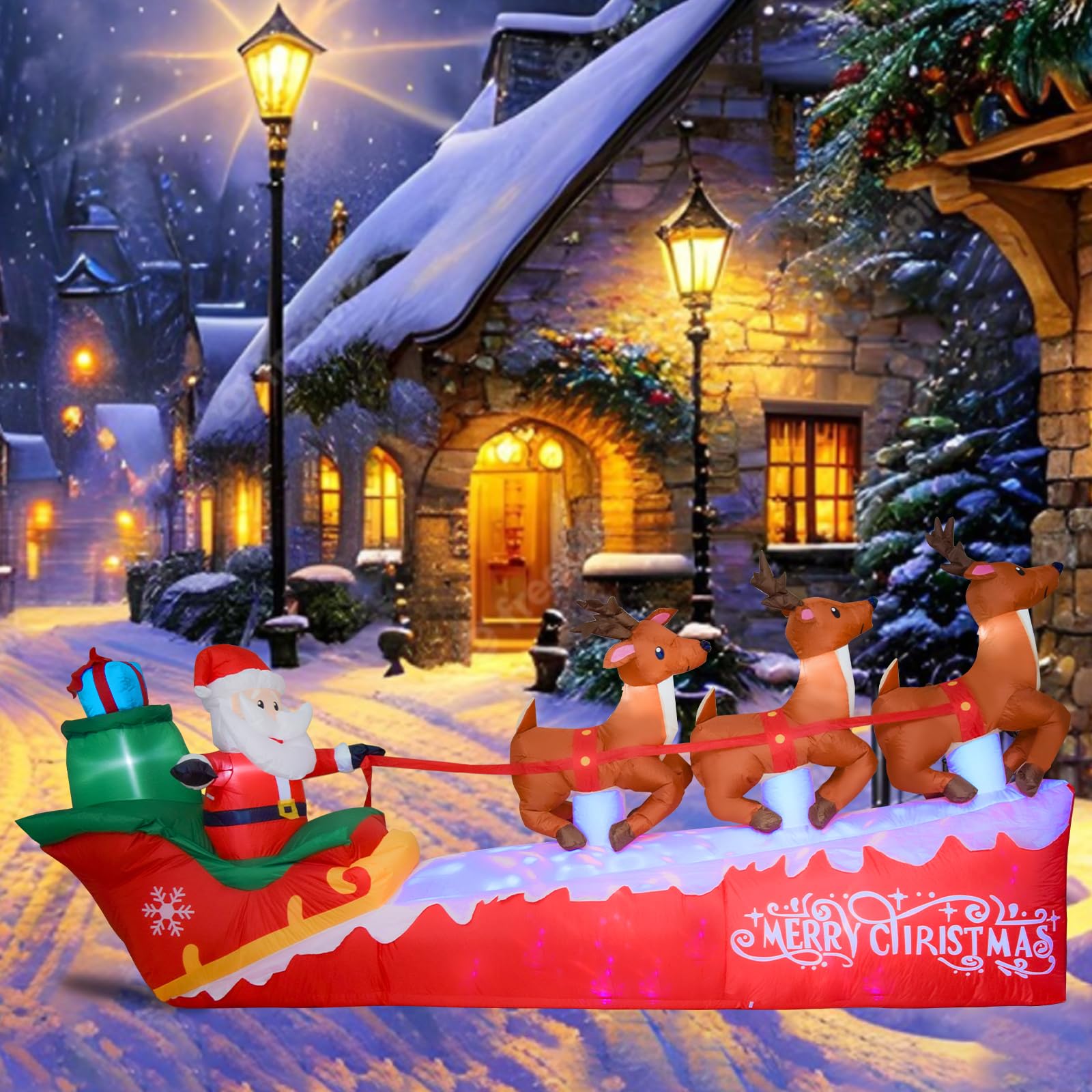 Babbo Natale gonfiabile su slitta con 3 renne, con illuminazione a LED integrata, decorazione natalizia per il giardino
