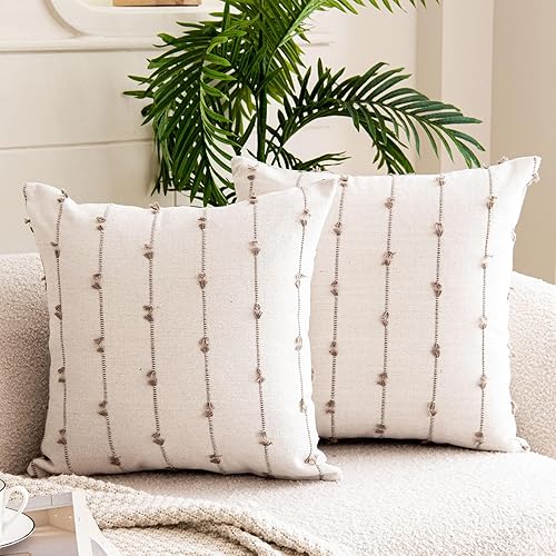 WACOMECO Juego de 2 fundas de almohada bohemias de lino natural moderno para sofá, sala de estar, 18 x 18 pulgadas, color caqui y blanco roto