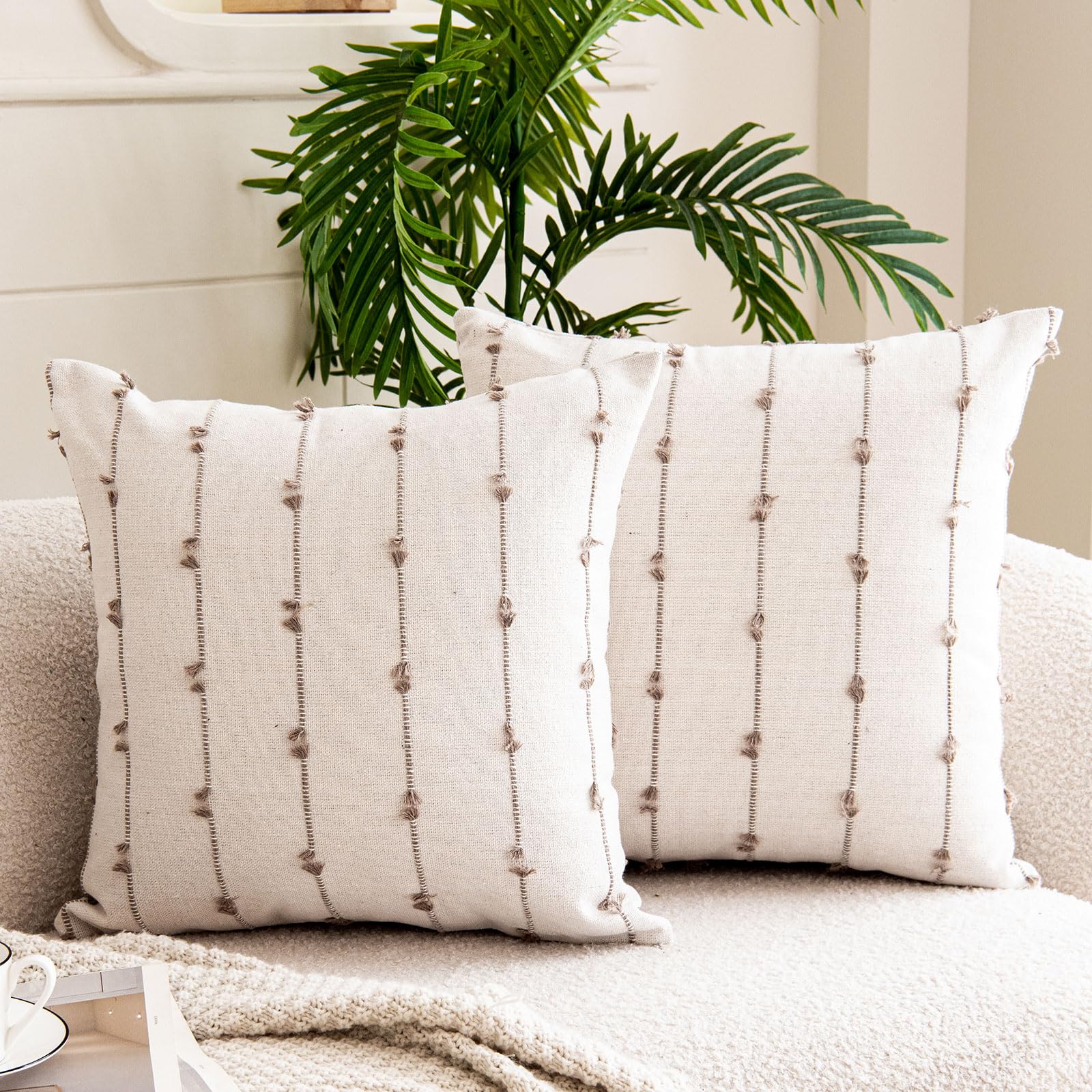 WACOMECO Boho Throw Pillow Covers, Set of 2 Farmhouse Modern Natural Linen Decorative Pillowcases for Sofa Couch Living Room, 18 x 18 Inch, Khaki and Off White