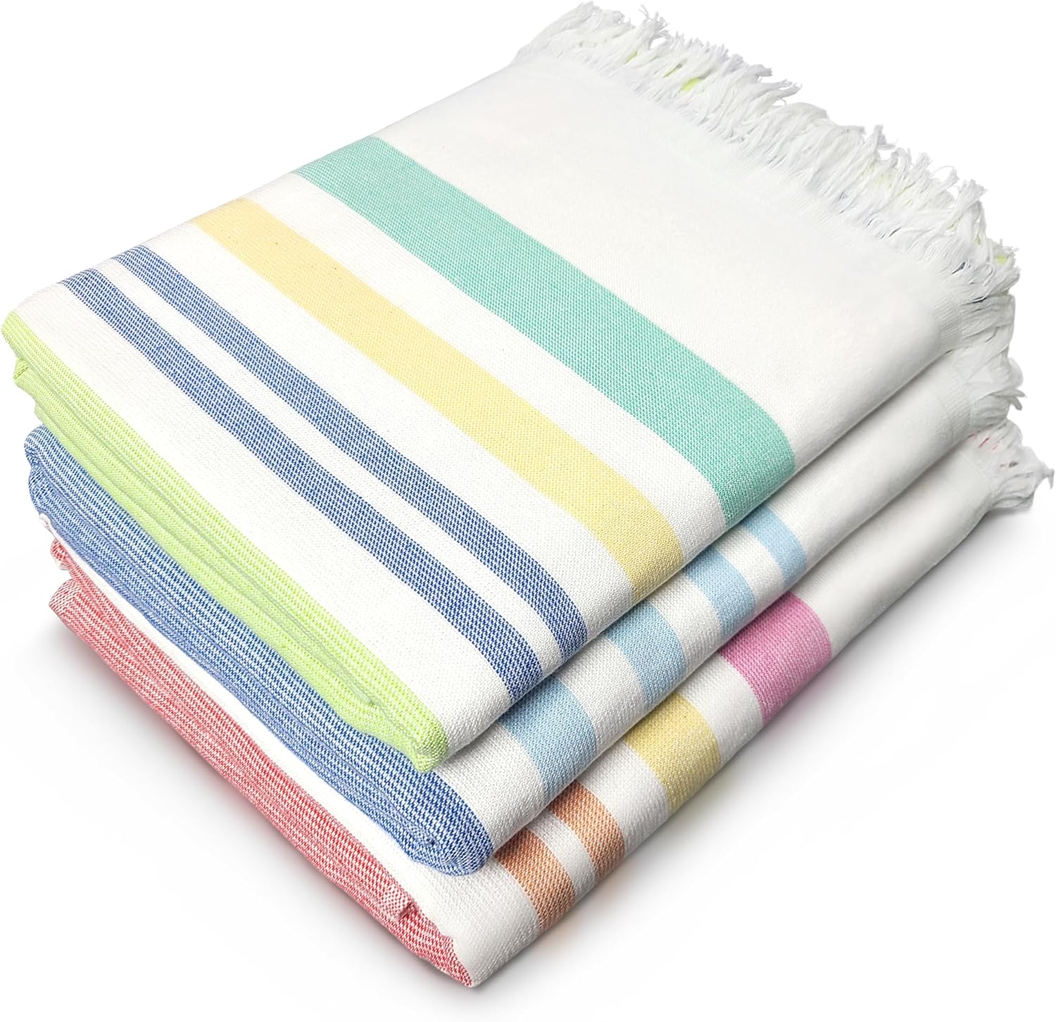 Beachland Fringe Beach Towel 30 x 60 inch Sand Free Flat Woven in Front and Absorbent Terry on Reverse Cotton Turkish Style (Assorted, Pack of 3)