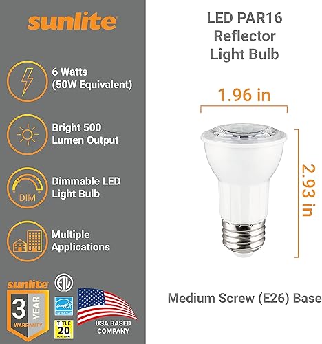 Miniatura 2 de Sunlite Foco reflector LED PAR16 41800, 6 vatios (50 W  ), 500 lúmenes, base E26 media, regulable, reflector, 90 CRI, Energy Star, listado ETL,