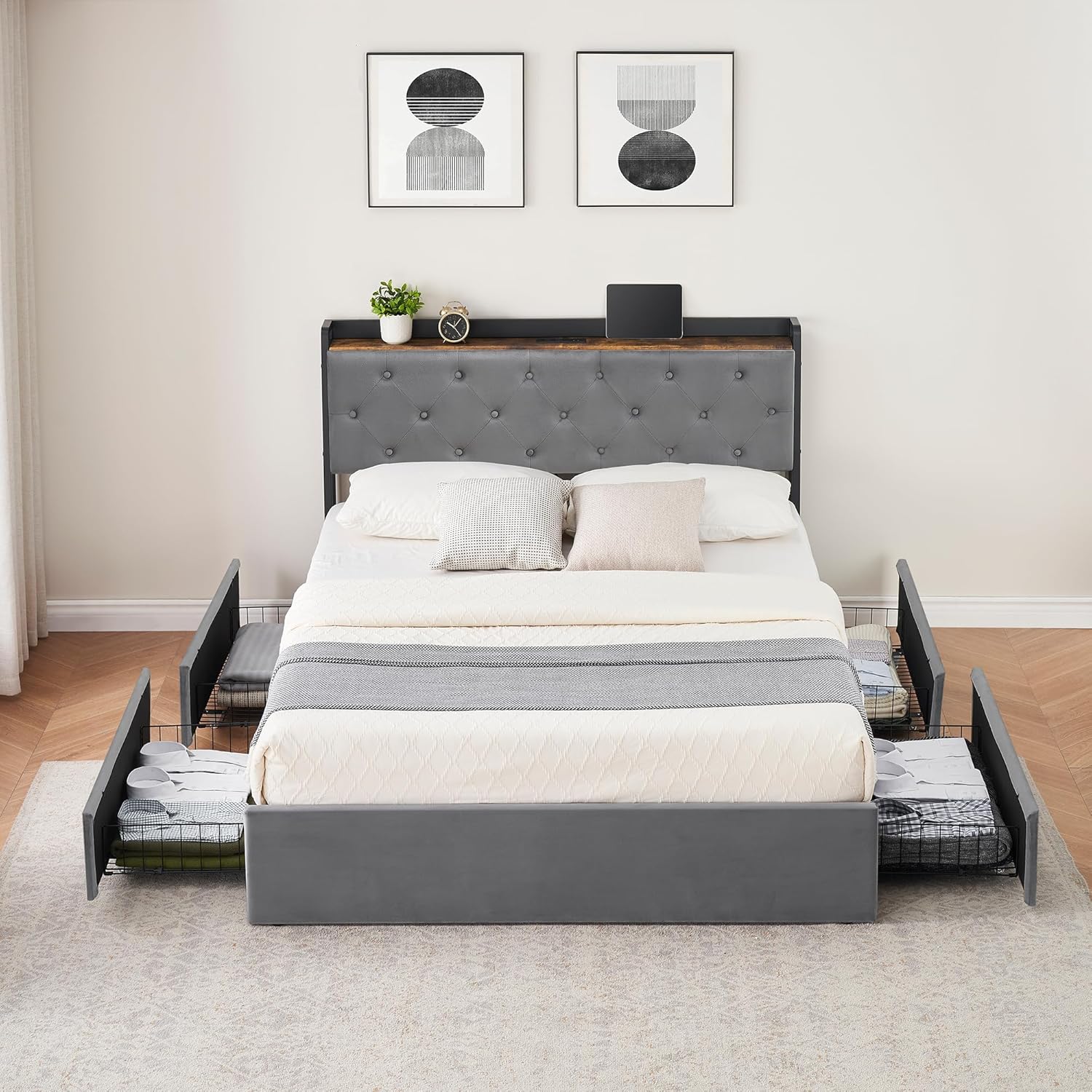 IDEALHOUSE Full Size Bed Frame with 4 Storage Drawers and Charging Station, Upholstered Velvet Platform Bed Frame with Storage Headboard and Sturdy Wooden Slats Support, No Box Spring Needed