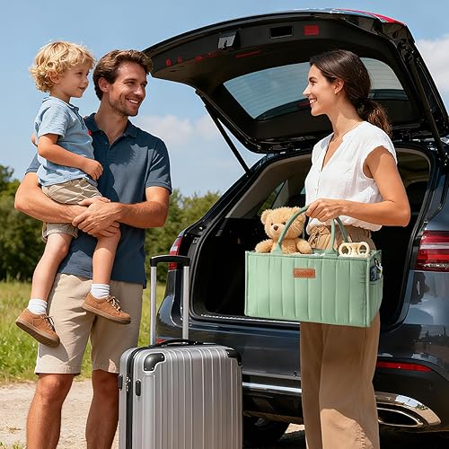 Miniatura 9 de Zooawa Organizador de pañales para bebé, cesta de almacenamiento portátil con compartimentos, asa y correa para el hombro para artículos esenciales