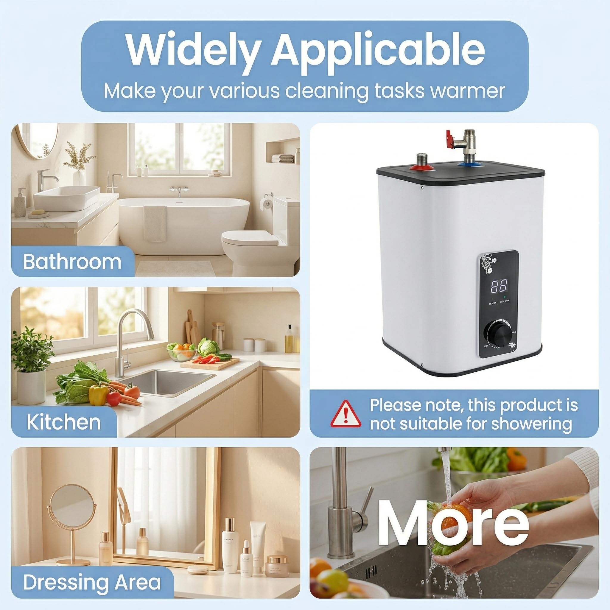 Chauffe-eau sous évier - 8 l - Réservoir d'eau chaude résistant à la pression - 1500 W - Avec écran LED - Température réglable de 0 à 65 °C - Pour lavabo, cuisine et salle de bain - Blanc - 220-240 V