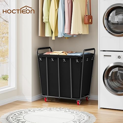 Miniatura 10 de Hoctieon Carrito clasificador de lavandería de 2 secciones, cesta de lavandería rodante con ruedas, organizador de cesta de lavandería resistente,