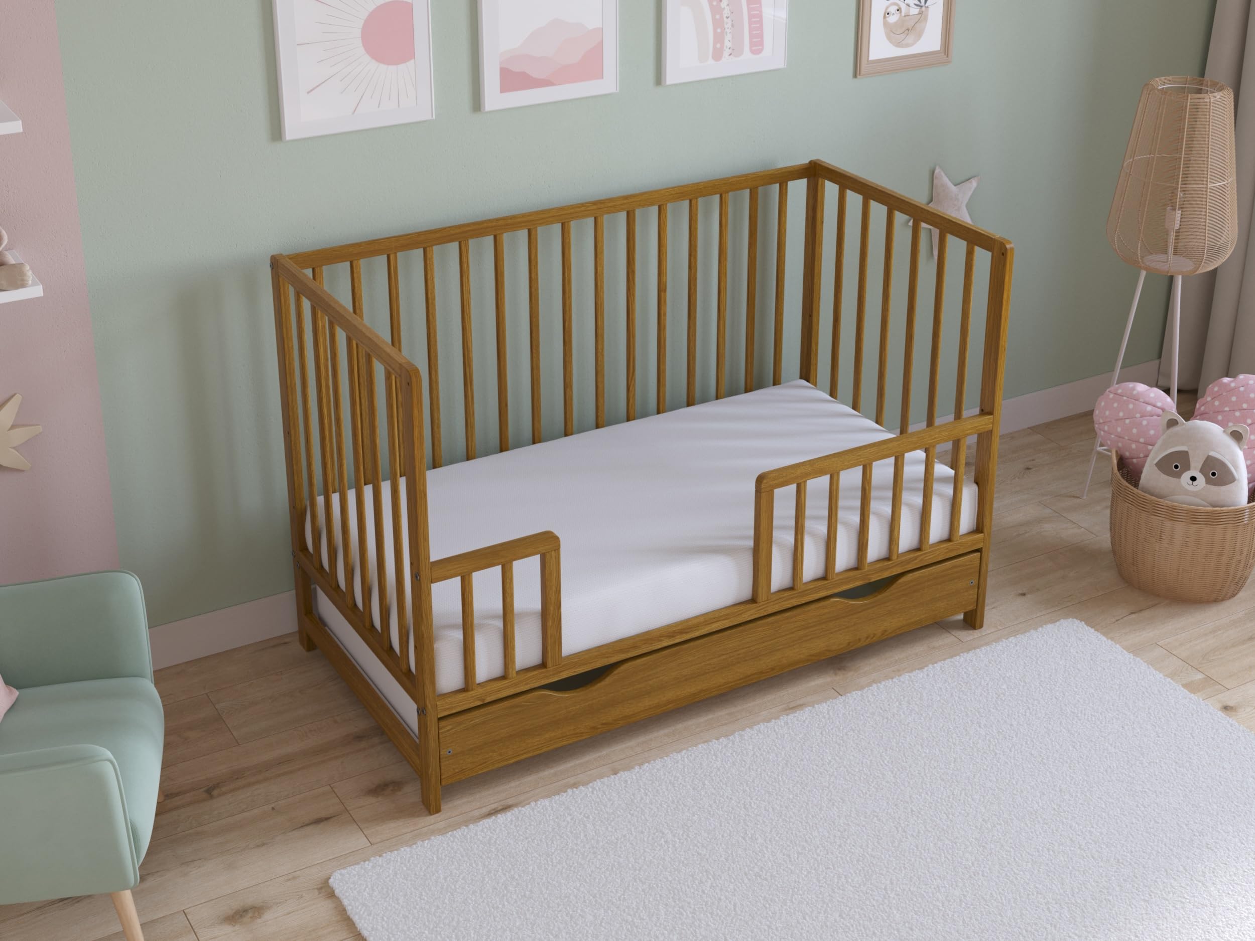Love For Sleep Asher Lit Bébé 120x60 cm avec Matelas en Mousse Microfibre Matelassée – Lit Enfant en Bois Convertible avec Grand Tiroir et Barrière de Sécurité Incluse Chêne Doré