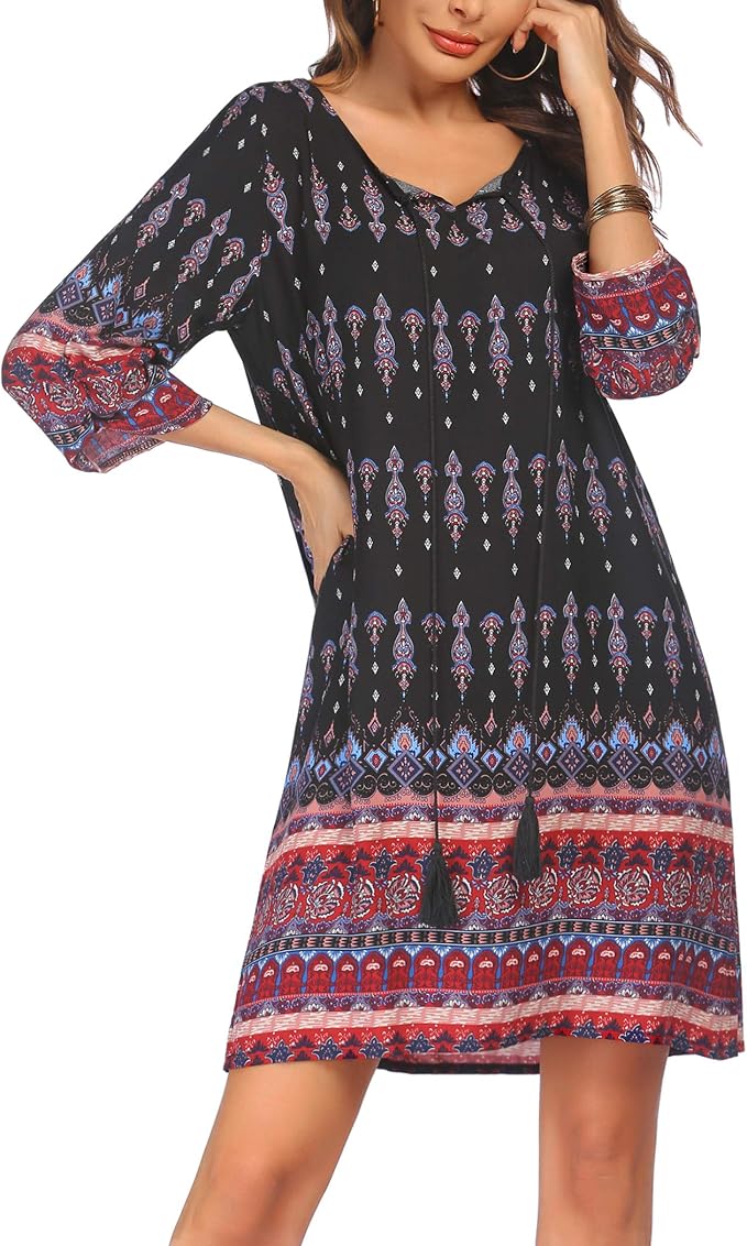 Beyove Women's Bohemian Tunic Dress Beach Dress Summer Dresses Vintage Beach Tunic 3/4 Sleeve Round Neck Dress Floral Pattern Tunic Dresses Short Tops
