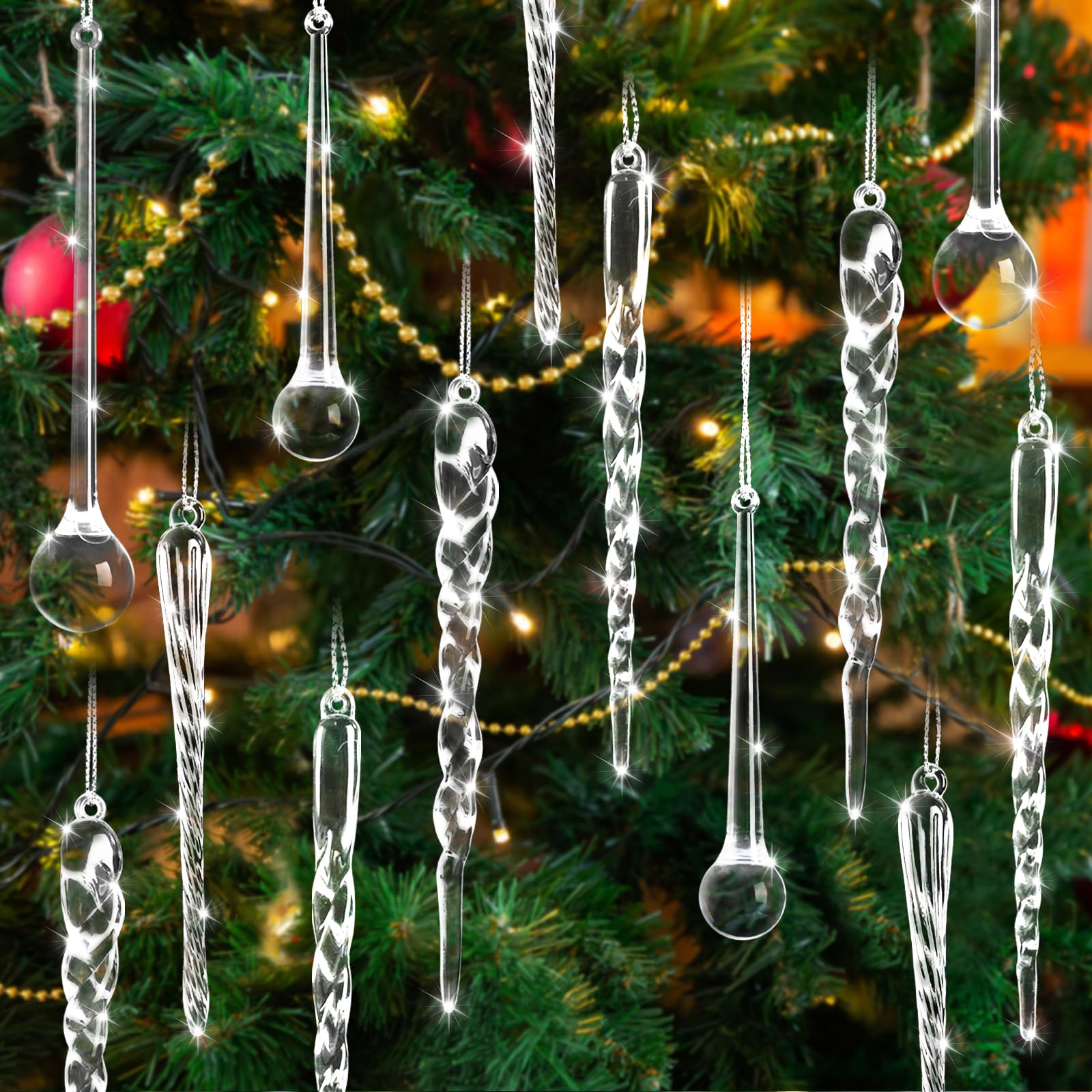 OuMuaMua 200 Stück Weihnachts-Eiszapfenornamente für Weihnachtsbaumschmuck, Wassertropfenform, Kristallanhänger, hängende Acryl-Ornamente, Weihnachts-Winter-Wunderland-Party-Dekorationen
