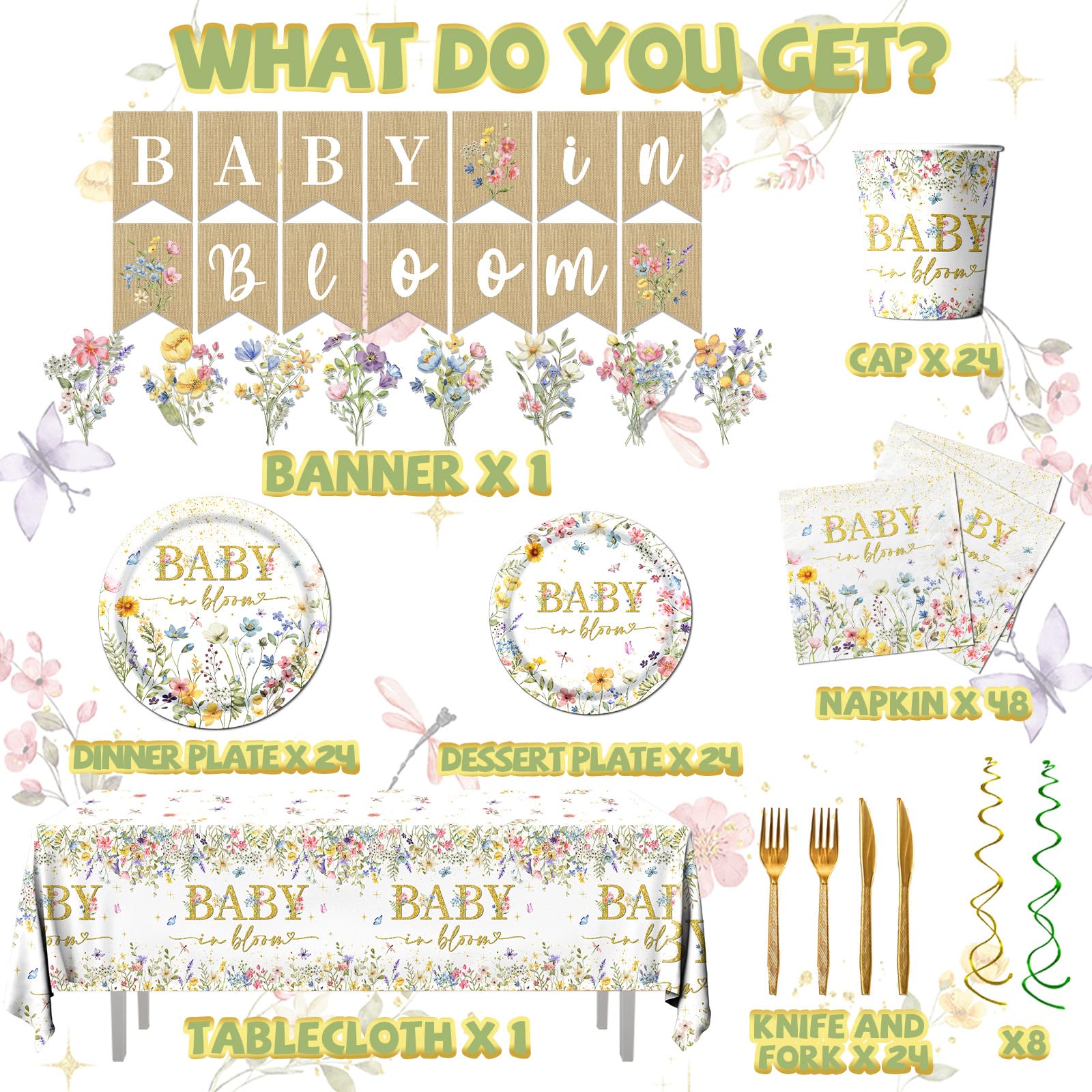 178 piezas de decoraciones para baby shower con diseño de flores silvestres, platos y servilletas de papel para niñas, vajilla floral para baby shower, sirve 24