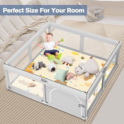 Miniatura 7 de Corralito para bebés con alfombra, 50 x 50 pulgadas, corralito para bebés y niños pequeños, patios de juegos en interiores y exteriores, corral de