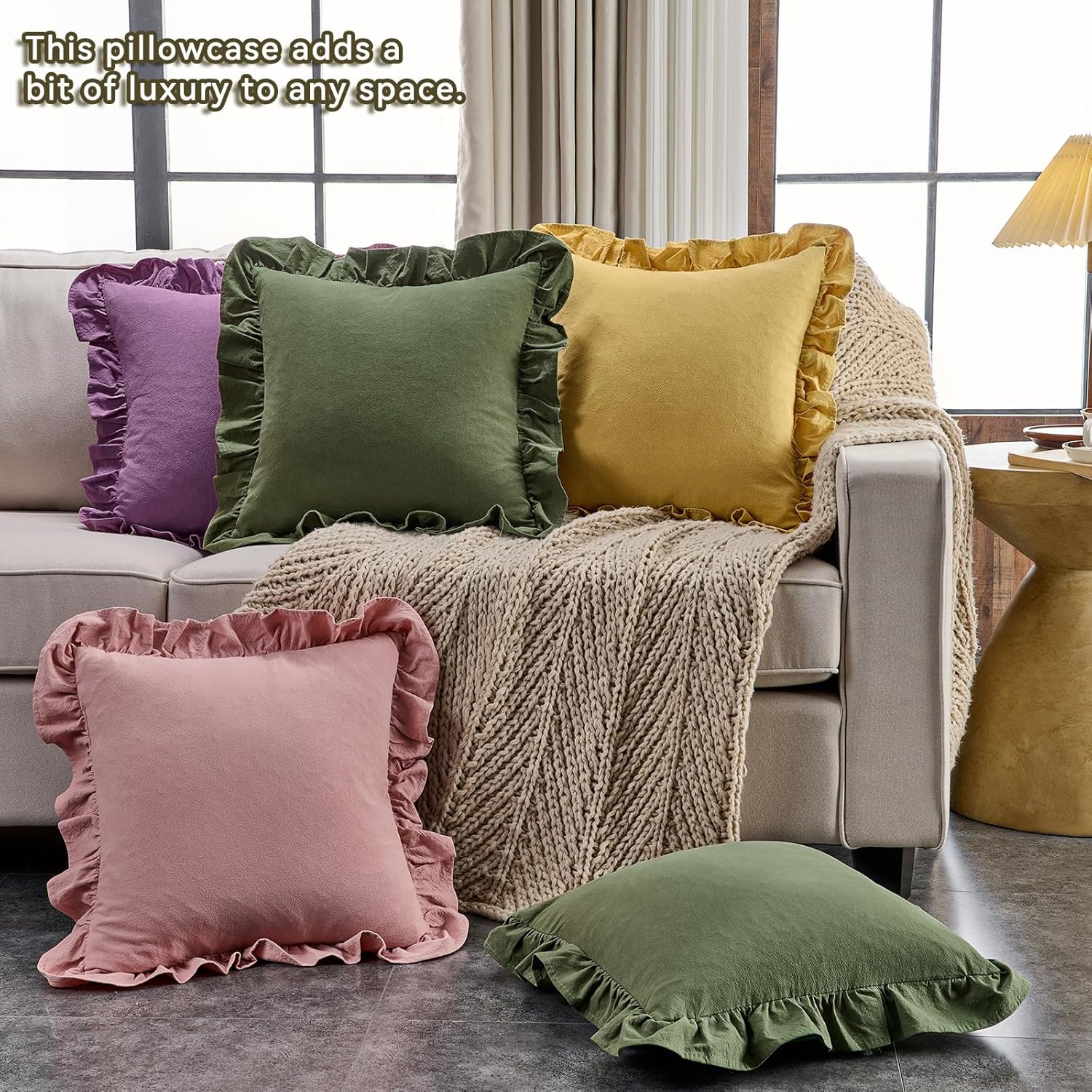 AmHoo Pack of 2 Throw Pillow Covers 100% Cotton Pre Washed Ruffle Decorative Pillowcase Cushion for Couch Sofa Bedroom 18 x 18-Inch Olive Green - Image 6