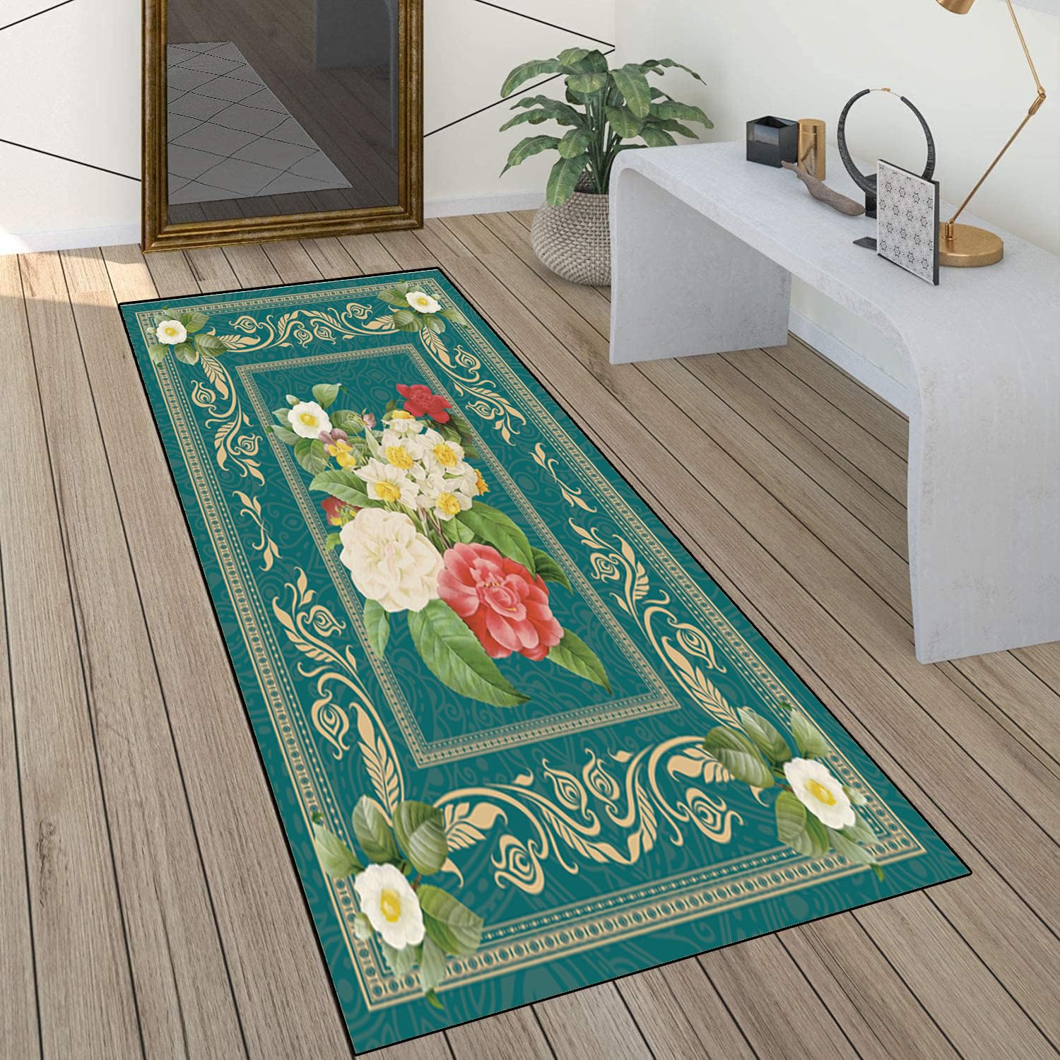 Teppich Läufer Flur Teppichläufer Küchenläufer Küche Teppiche rutschfest Waschbar Bettvorleger für Flur Waschküche, 100x450cm Weiße rote Blumen