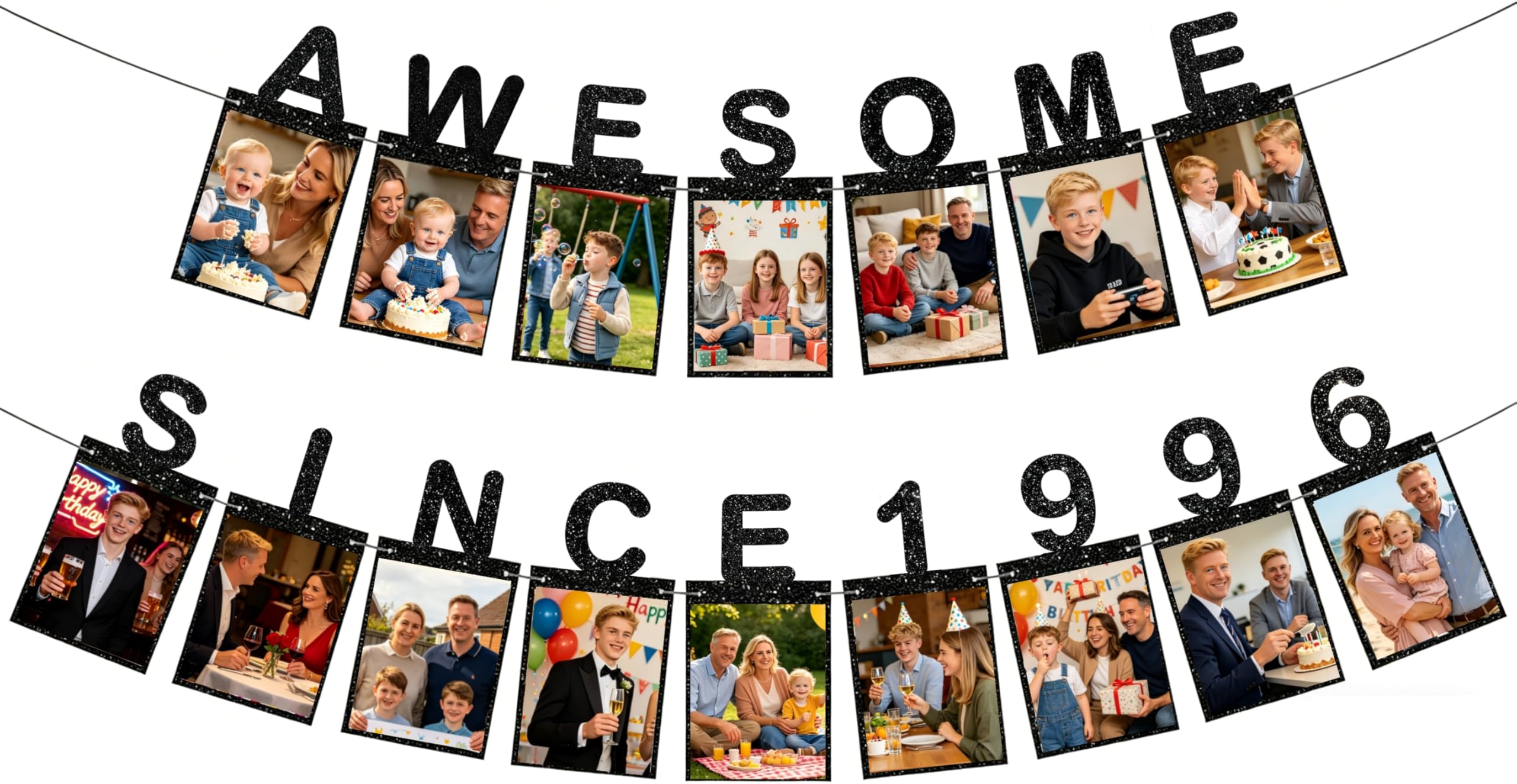 Happy 30th Birthday Decorations Photo Banner - Awesome Since 1996 Bday and Anniversary Decoratoin Set for Women Men, 30 Years Old Milestone Black Glitter Party Supplies