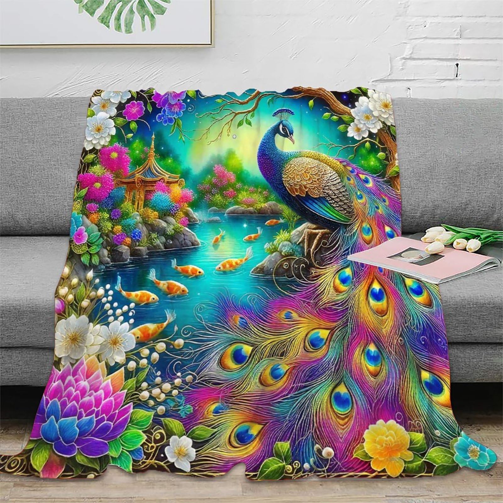 Couverture paon 3D en peluche microfibre 200x230cm pour lit d'adulte