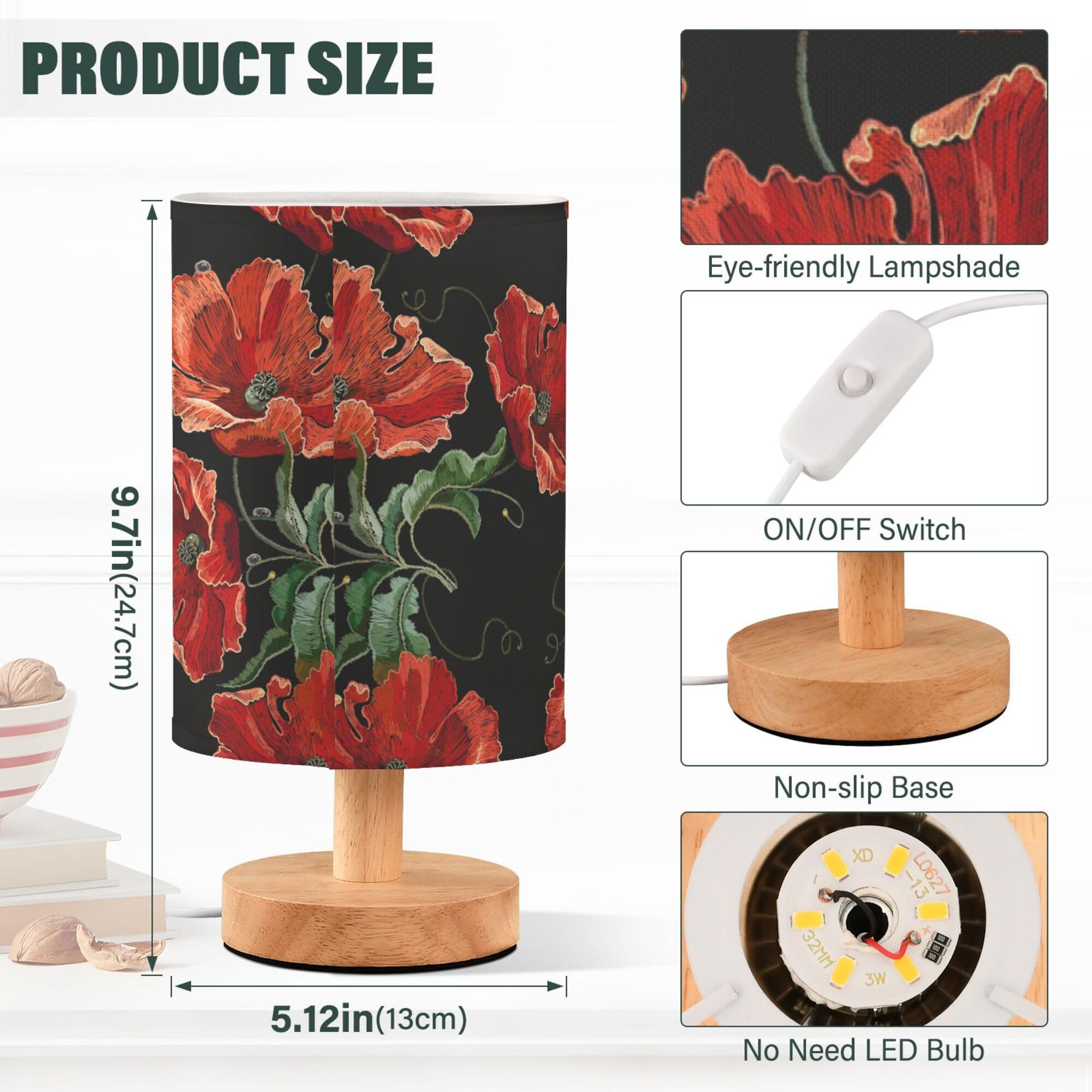 Lámpara de mesa con estampado de flores de amapola roja, con patrón floral, lámpara de mesita de noche con base de madera, pantalla de tela, lámpara de escritorio para sala de estar, dormitorio